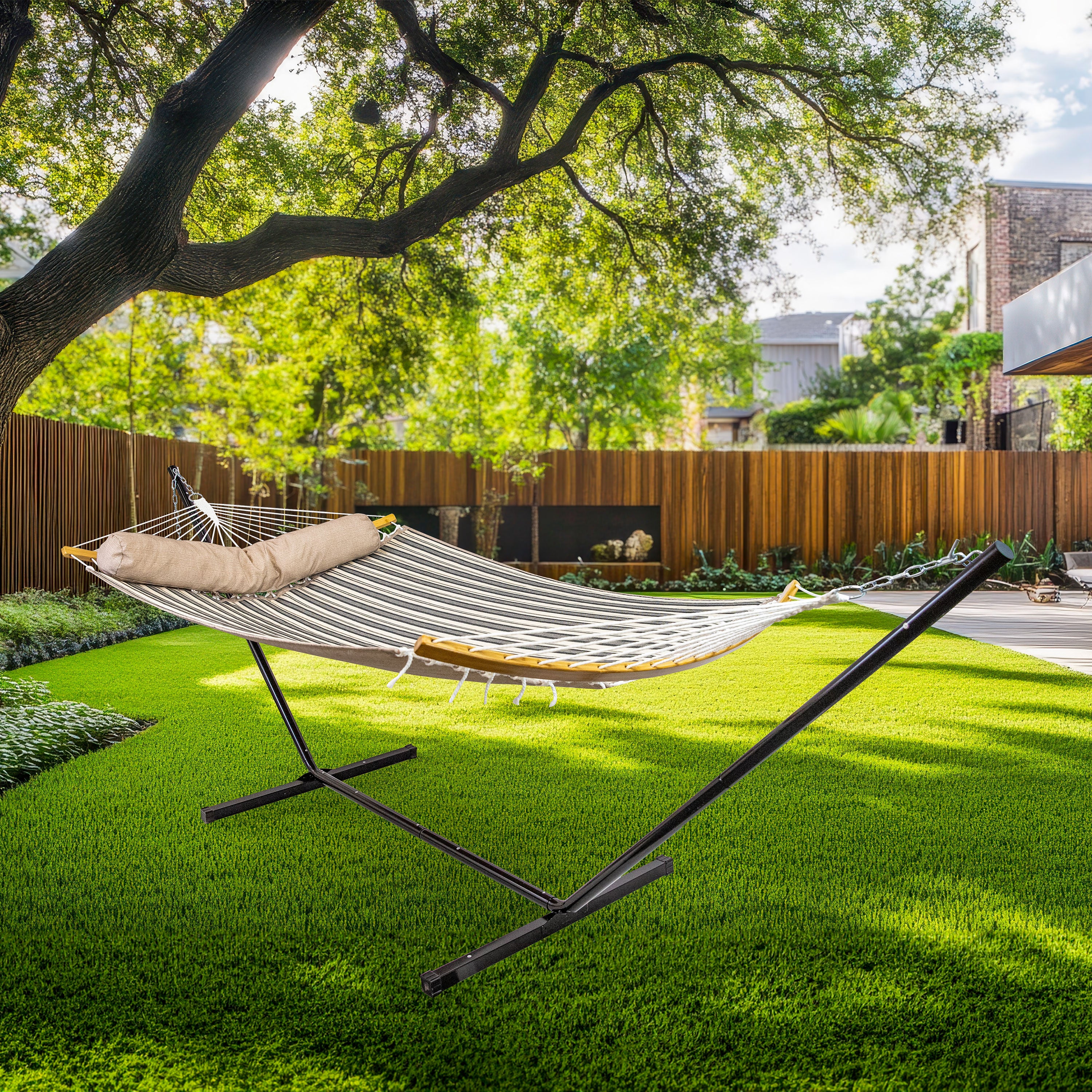 Premium Sunnydaze Quilted Outdoor Hammock with Curved Bamboo Spreader Bar & Comfort Pillow - Perfect for Backyard, Patio, Camping & Relaxation