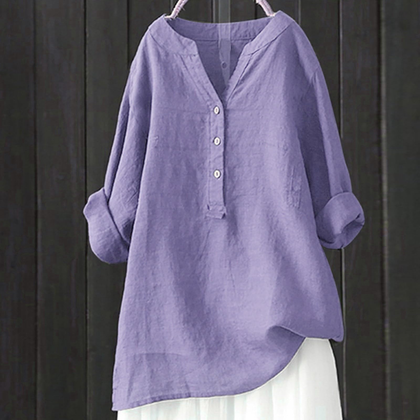 Women's Cotton Linen Jacquard Blouse - V-Neck Button Down Tunic Top with 3/4 Sleeves | Loose Fit Plus Size Casual Shirt for Work, Office & Everyday Wear