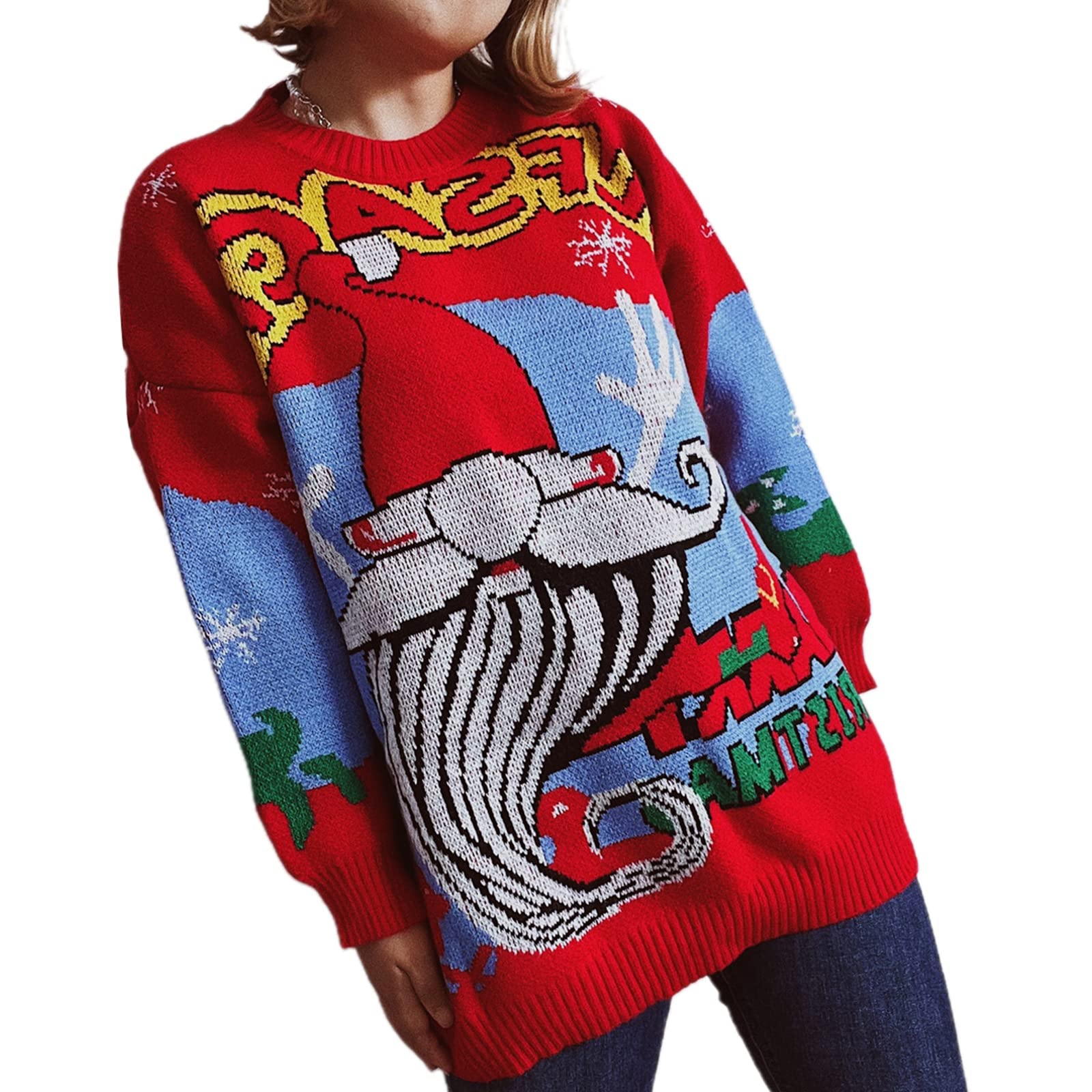 Women's Y2K Ugly Christmas Sweater - Santa Letter Tree Snowflake Reindeer Pattern Long Sleeve Crewneck Knit Pullover | Holiday Party, Family Gathering, Winter Outfit, Christmas Photo Shoot, Cozy Fall Fashion