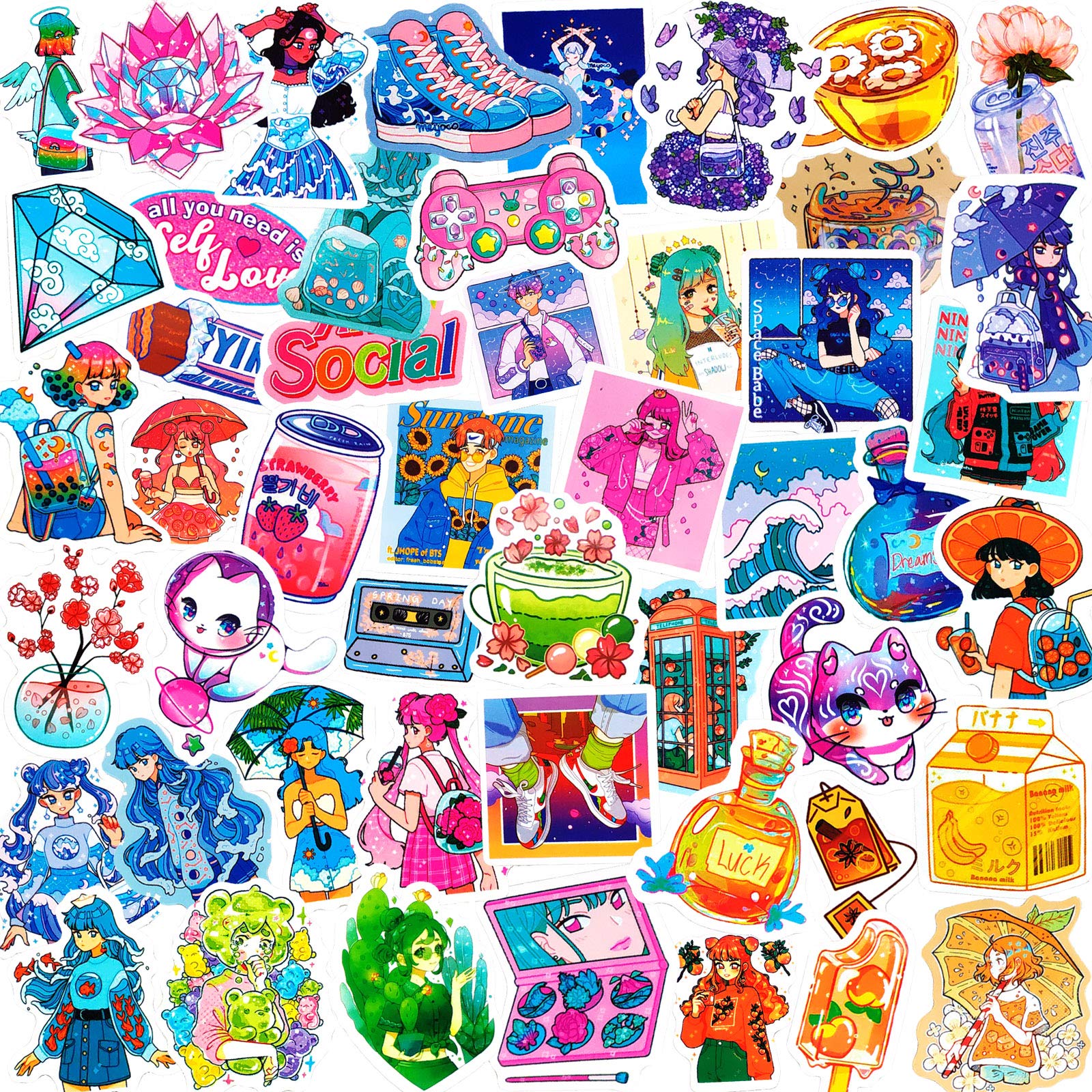 50PCS Aesthetic Crystal Stickers - Ins Style, Cute VSCO Waterproof Vinyl Decals for Girls & Kids | Perfect for Laptops, Water Bottles, Journals & DIY Crafts