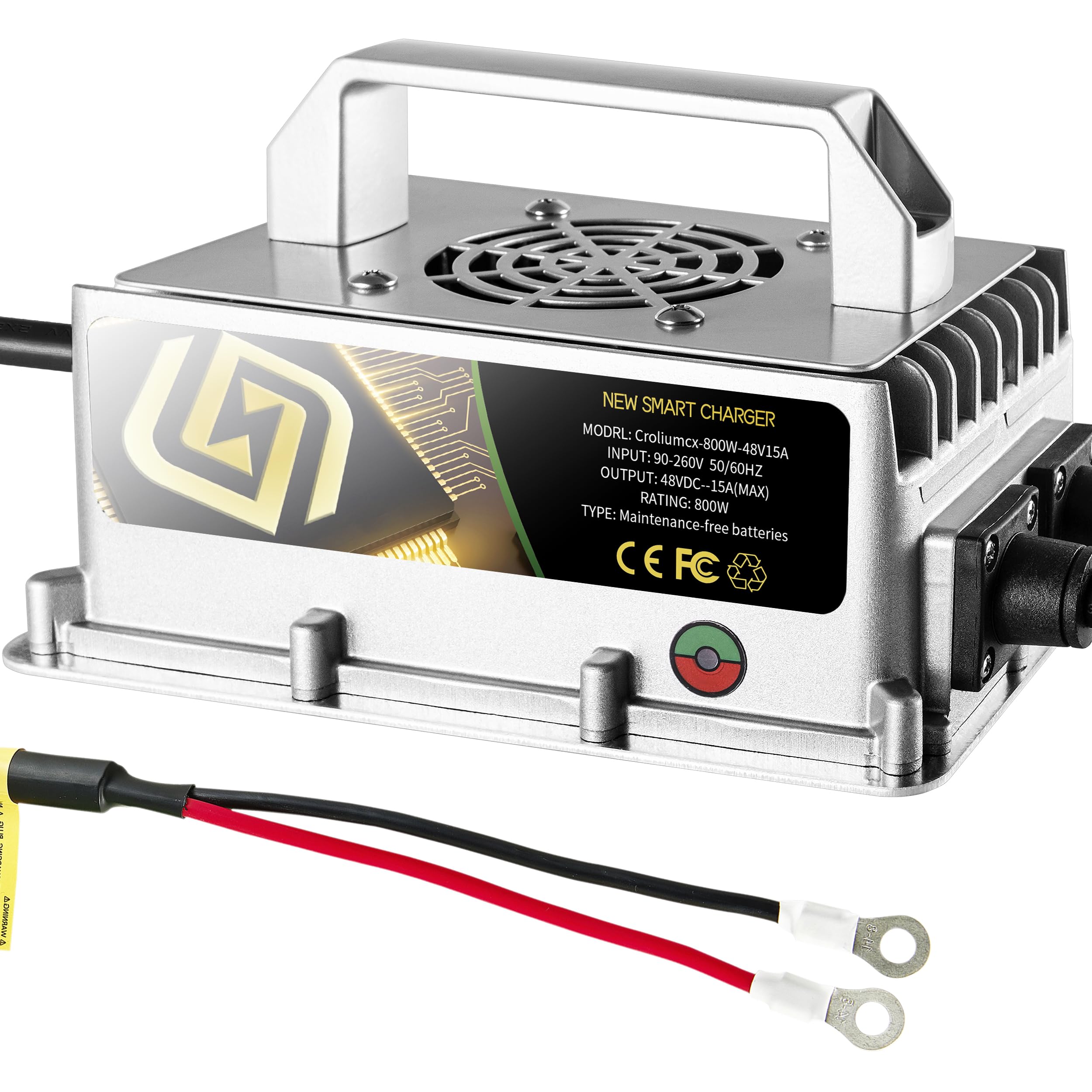 48V 15A Golf Cart Battery Charger - Wide Voltage Aluminum Alloy Onboard/Manual Charger with O-Type Terminals for Electric Golf Carts & Motorcycles - Perfect for Home, Course & RV Use