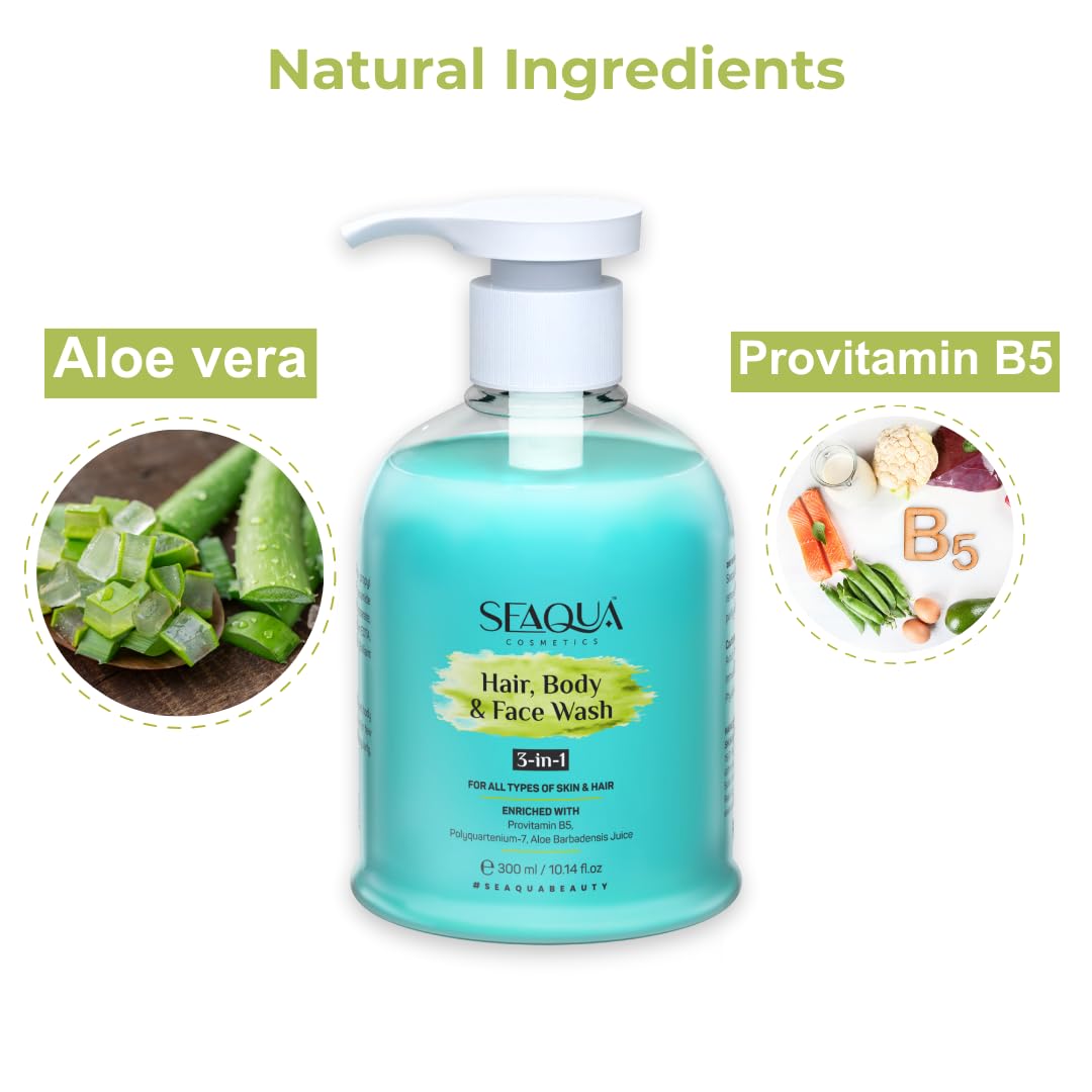 SEAQUA 3 in 1 Hair, Body & Face Wash for Men & Women - Sulfate Free, Paraben Free, Gentle Cleanser (300ml) | Perfect for Travel, Gym & Daily Shower Routine