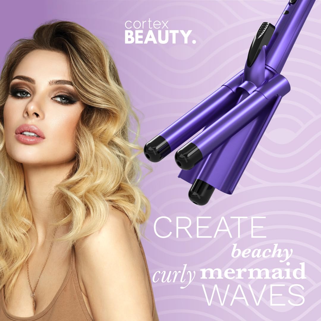 Cortex Beauty 3-Barrel Waver Hair Curler - Purple Professional Hair Styling Iron for Beach Waves & Loose Curls | Perfect for Daily Styling, Parties & Special Occasions