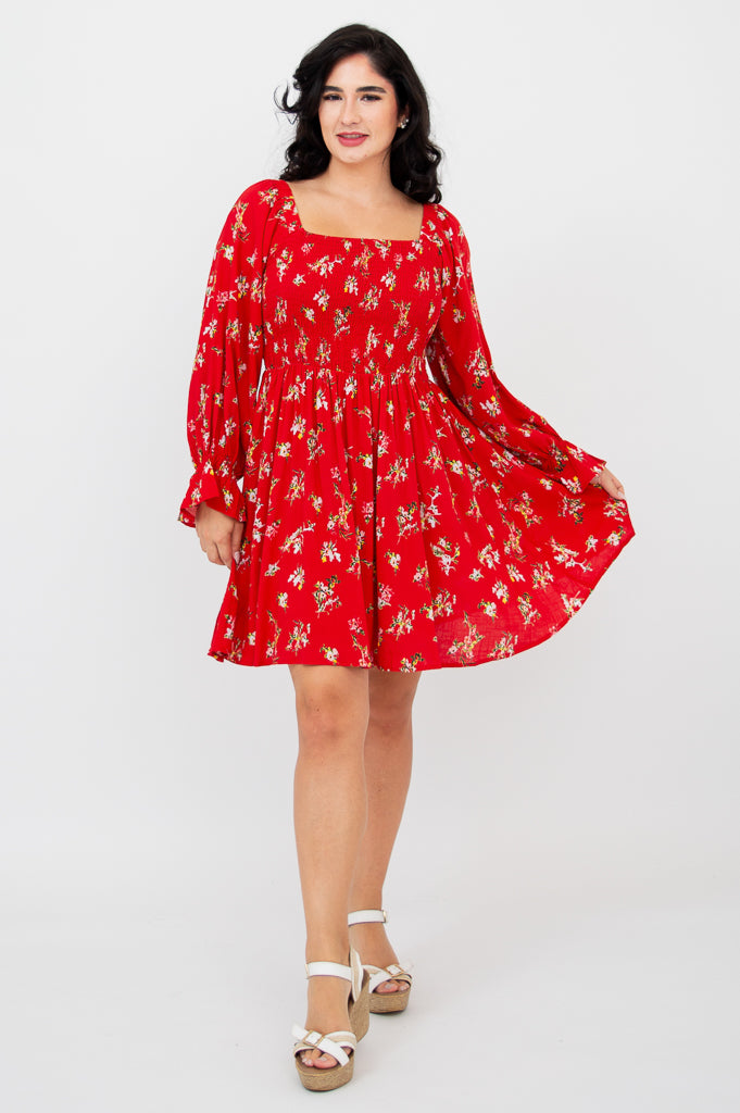 Eden Dress - Red Ditsy Floral Print Linen Bamboo Blend Summer Dress for Women | Perfect for Beach Vacations, Garden Parties & Casual Outings