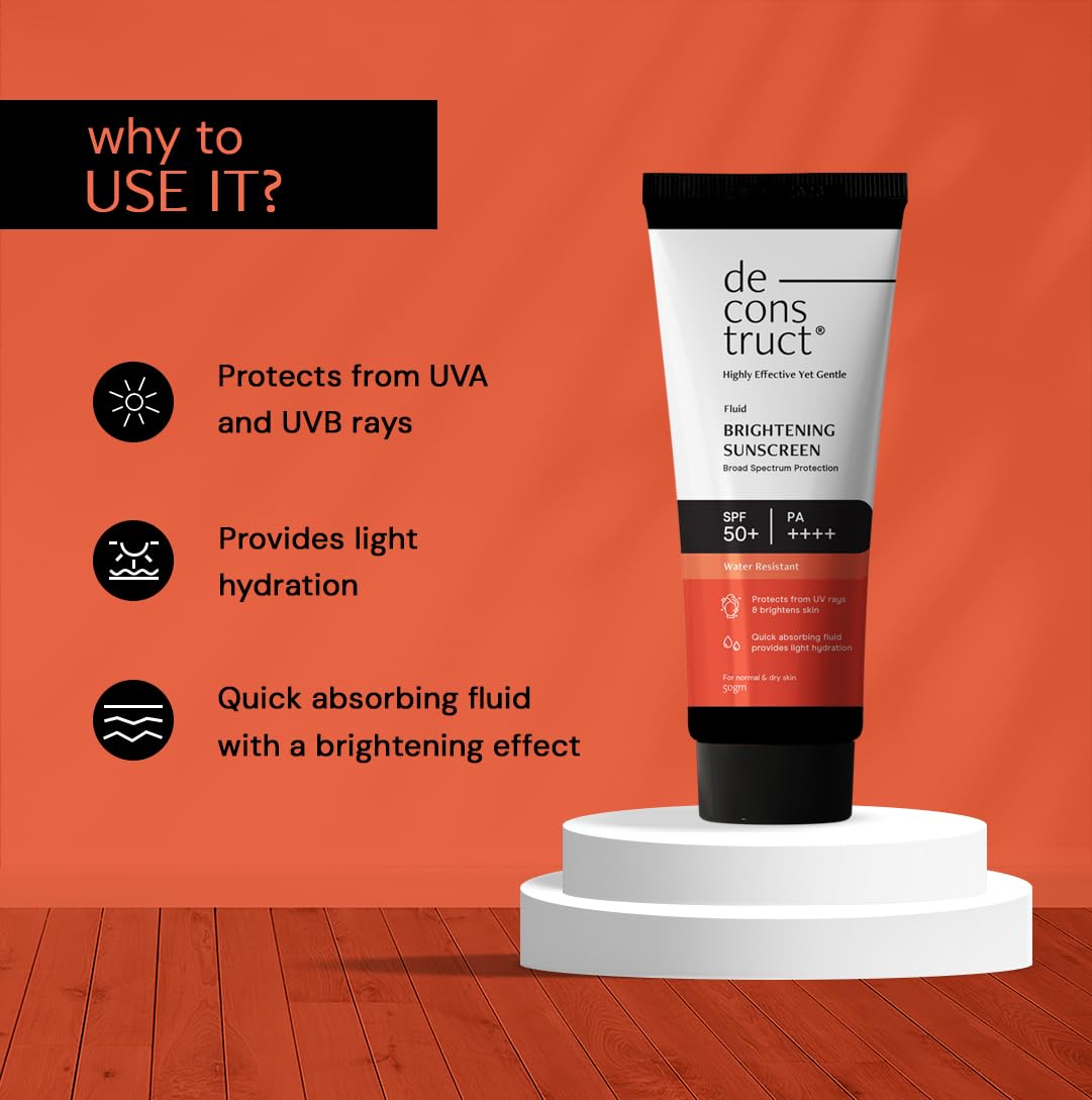 Deconstruct Brightening Sunscreen SPF 50+ for Dry Skin | 8-Hour Long-Lasting Dewy Finish | Water-Resistant, No White Cast, Fast-Absorbing | Suitable for Women & Men | 50g | Perfect for Daily Use, Outdoor Activities & Beach Days