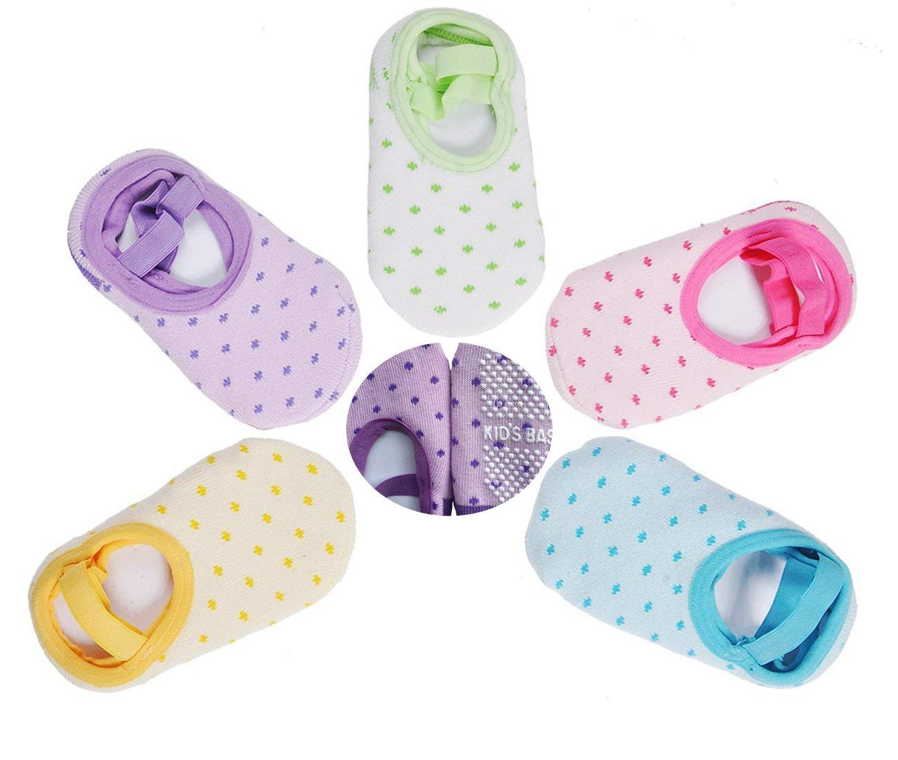 Kisgyst 5 Pairs Baby Girls Toddler Cartoon Dot Anti-Slip No-Show Cotton Socks for Sneakers (10-30 Months) - Soft & Comfortable for Playtime, Daycare & First Steps