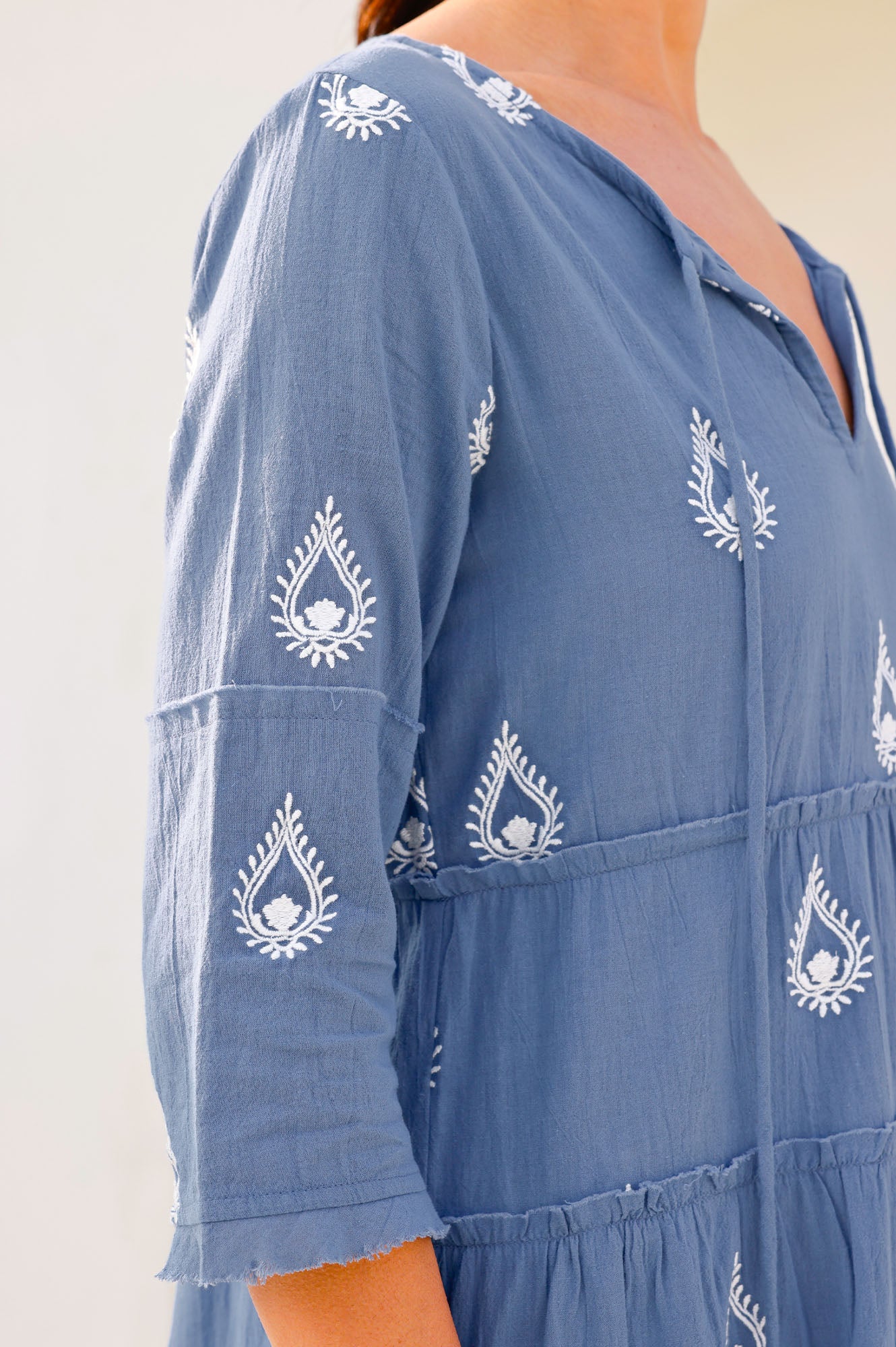 Willow Embroidered Dress for Women - Buta Blue Grey/White Floral Maxi Dress | Boho Chic Summer Dress for Beach, Wedding & Vacation
