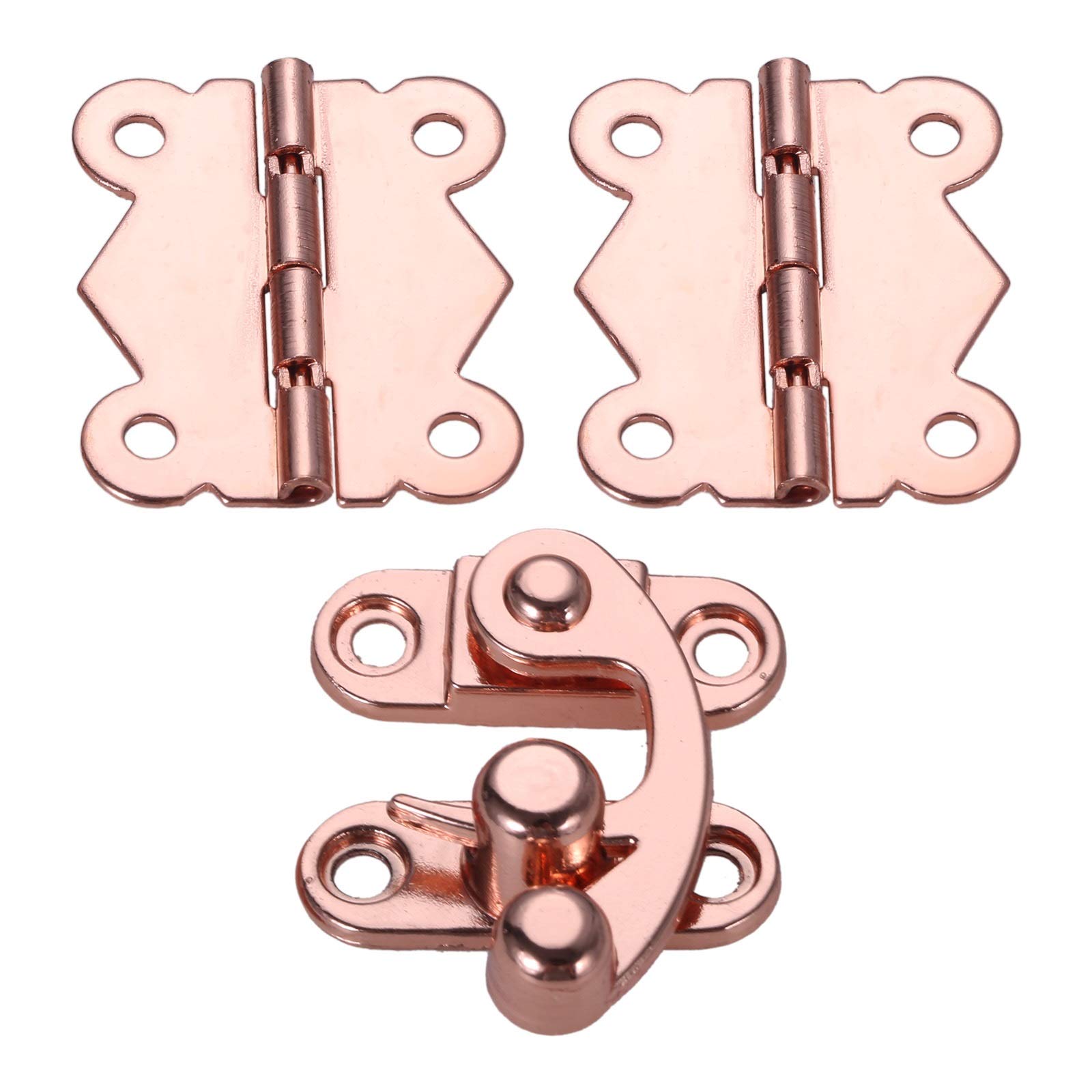 3-Piece Rose Gold Cabinet Hinges Set - Decorative Drawer Hinges with Wooden Box Buckle Hasp Latch Lock for Furniture Hardware - Perfect for Home Decor, Wardrobe, Kitchen Cabinets & DIY Projects