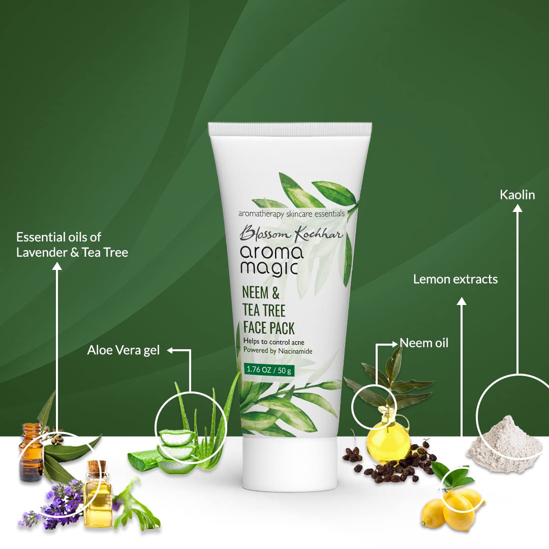 Aroma Magic Neem & Tea Tree Face Pack with 5% Niacinamide, Aloe Vera & Lemon Extracts - Acne Treatment for Oily Skin, Reduces Blackheads & Tightens Pores - Lavender Essential Oil Infused - 50g | Perfect for Daily Skincare Routine & Post-Workout Face Care