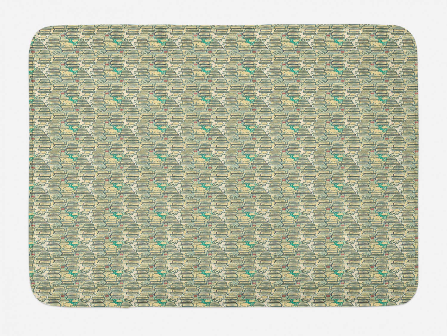 Ambesonne Book Lover Bath Mat - Non-Slip Plush Bathroom Rug with Stacks of Books, Thought Bubbles, Glasses & Coffee Cups Design, 30.2x20 Inches, Cream Almond Green - Perfect for Bookworms, College Dorms & Cozy Bathroom Decor