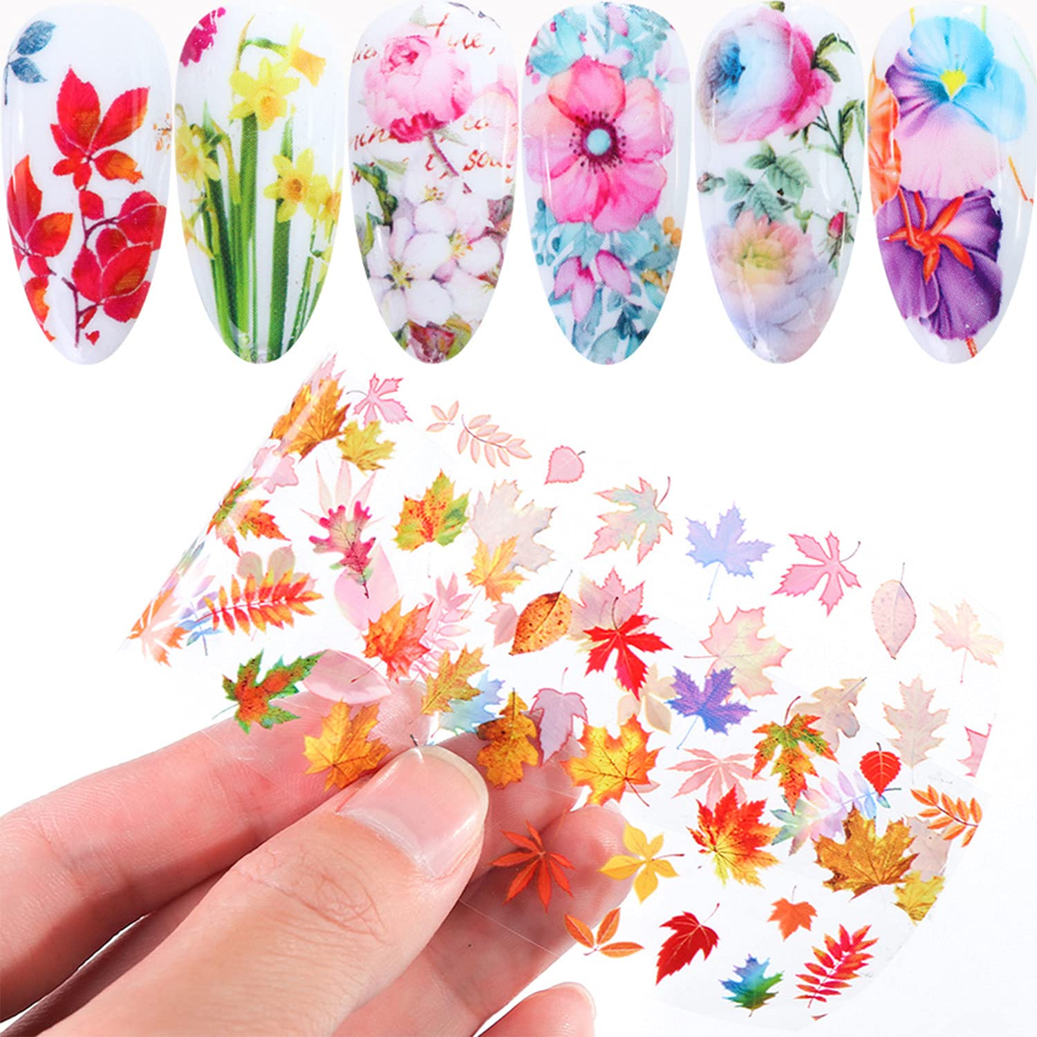 10 Sheets Foil Nail Art Stickers - Maple Leaf & Flower Nail Foils Transfer Stickers for Women, Girls | DIY Manicure Design Kit with Butterfly & Floral Decals | Perfect for Parties, Weddings & Nail Salon Use