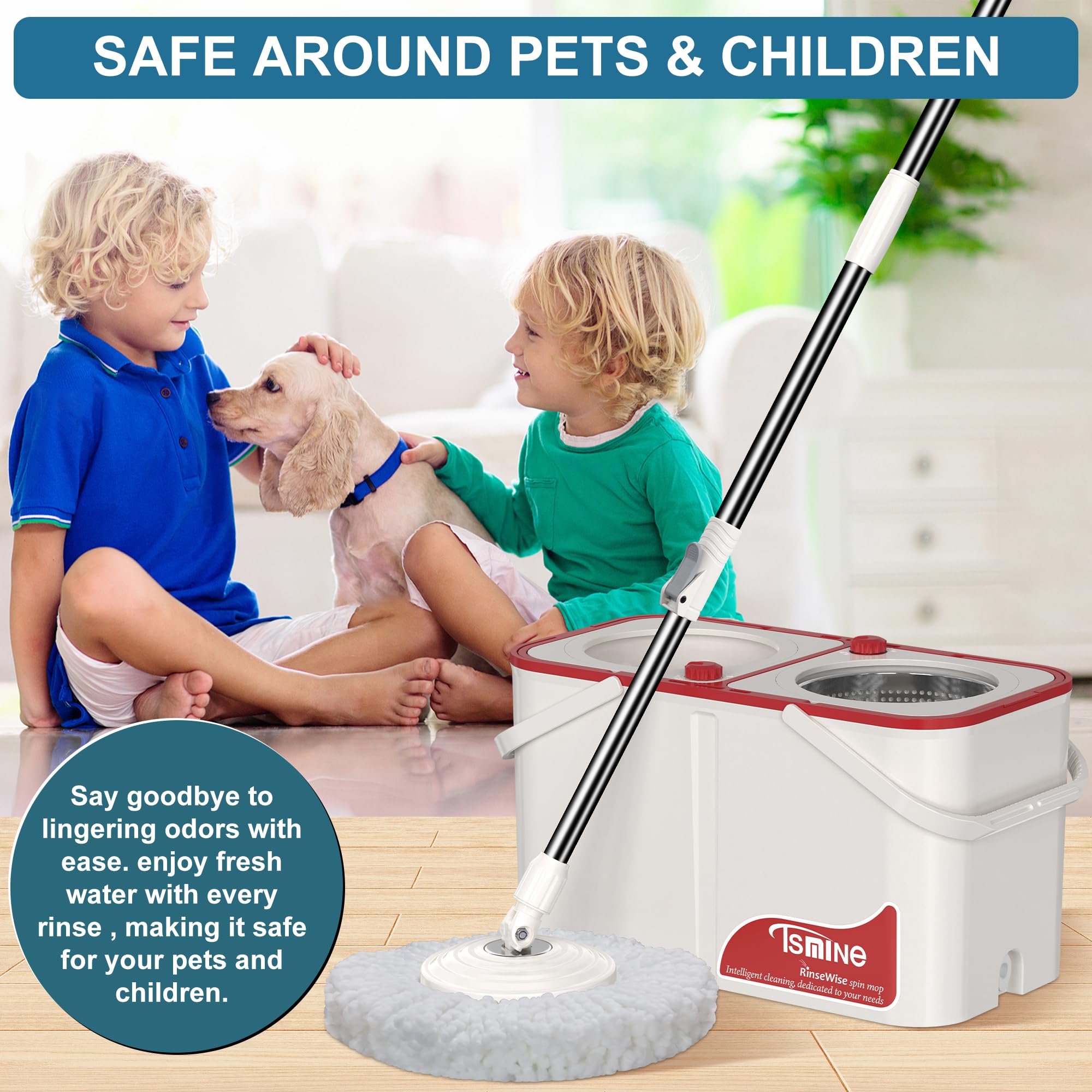 Spin Mop and Bucket Set with Wringer - 4-Chamber Cleaning System Separates Dirty/Clean Water - Includes 6 Replacement Mop Heads & 4-Wheel Design (White) - Perfect for Hardwood Floors, Tile, and Household Cleaning