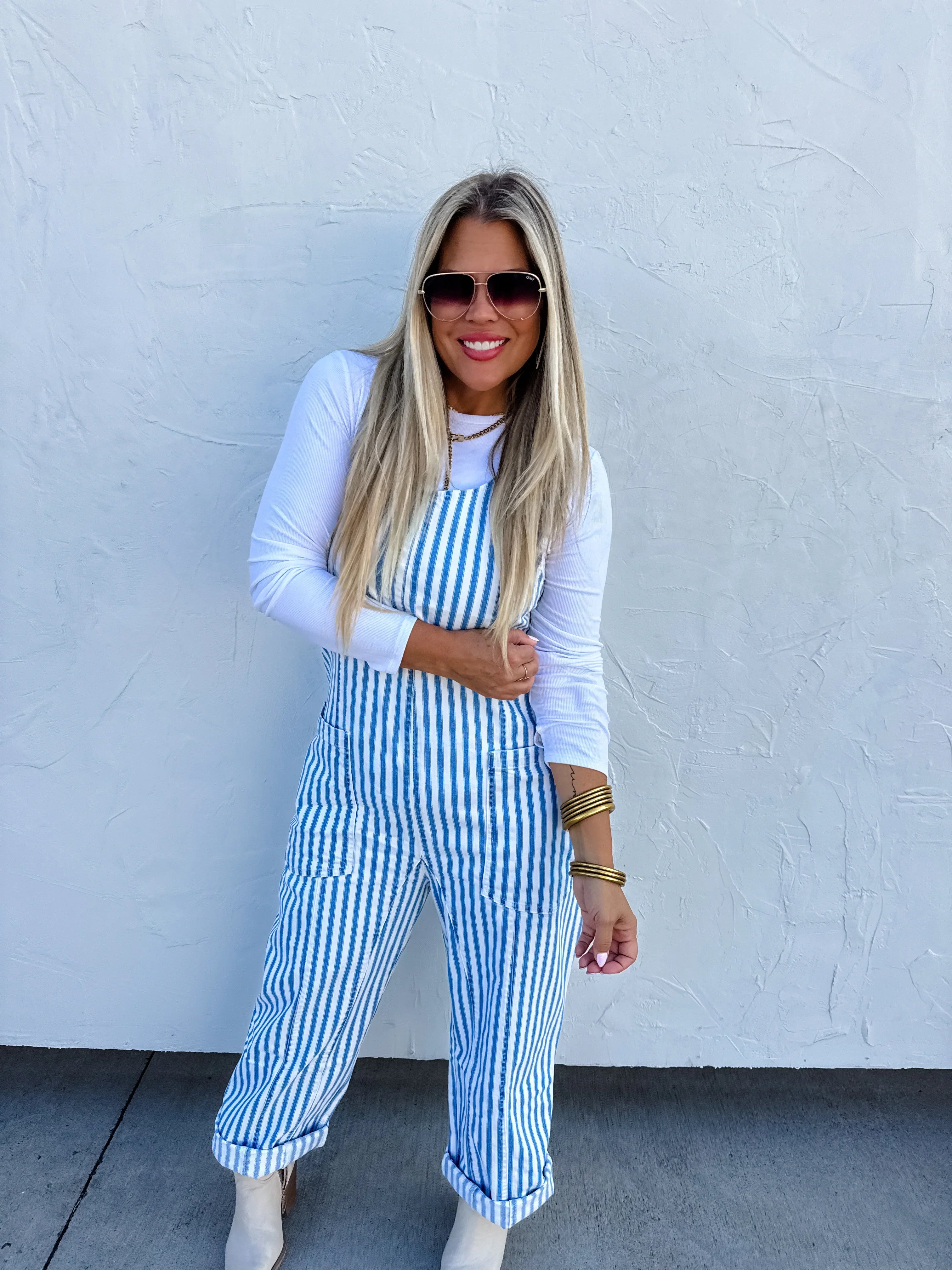 Blue Stripe Britte Romper Overalls for Women - Cute Denim Jumpsuit with Adjustable Straps | Perfect for Summer Outfits, Casual Wear & Outdoor Activities