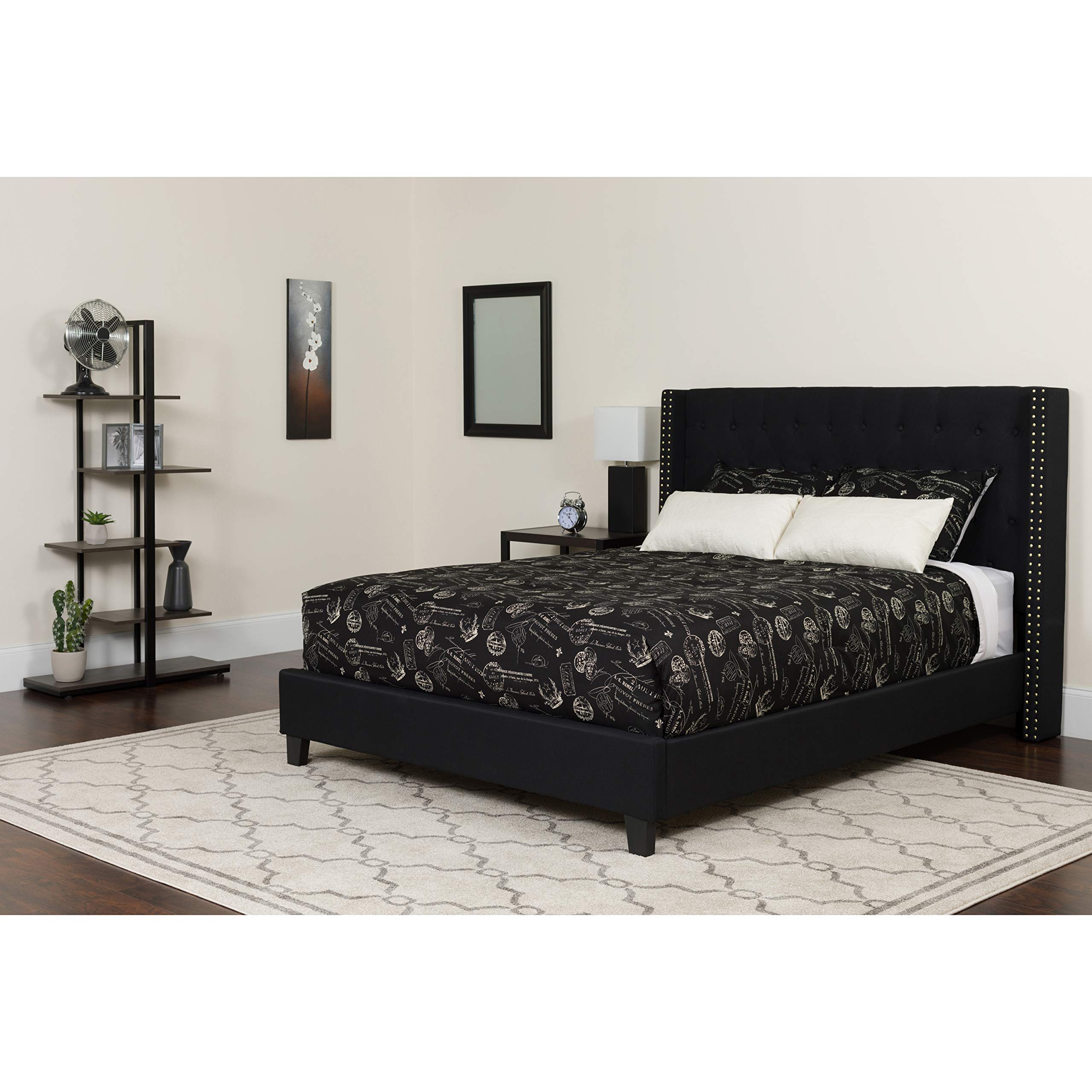 Full Accent Extended Panel Platform Bed Frame with Memory Foam Mattress - Black Fabric Upholstery | Modern Bedroom Furniture for Small Spaces & Guest Rooms
