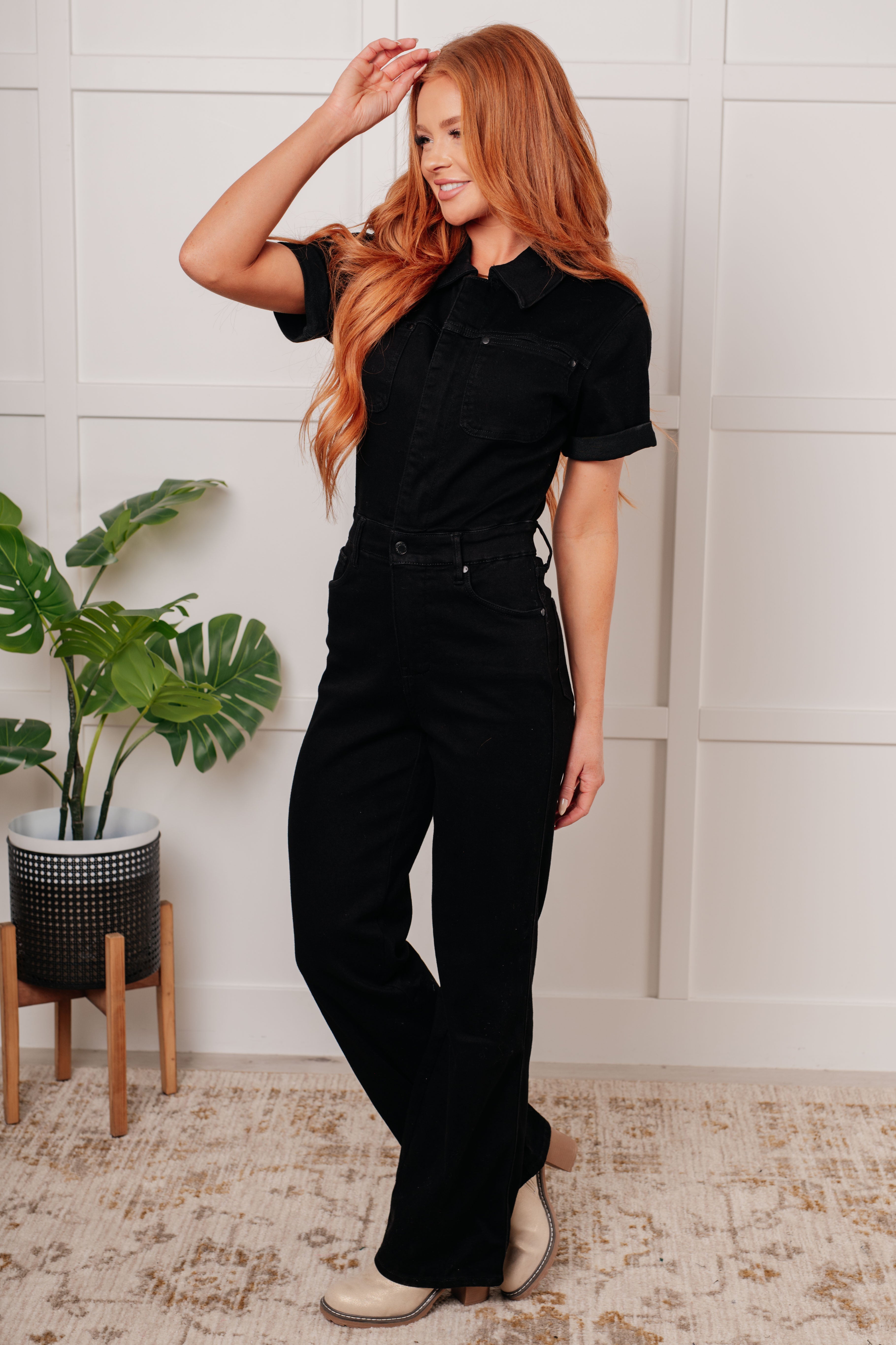 Tilda Short Sleeve Control Top Denim Jumpsuit for Women - Slimming Stretch Romper with Pockets | Perfect for Casual Outings, Date Nights & Summer Fashion