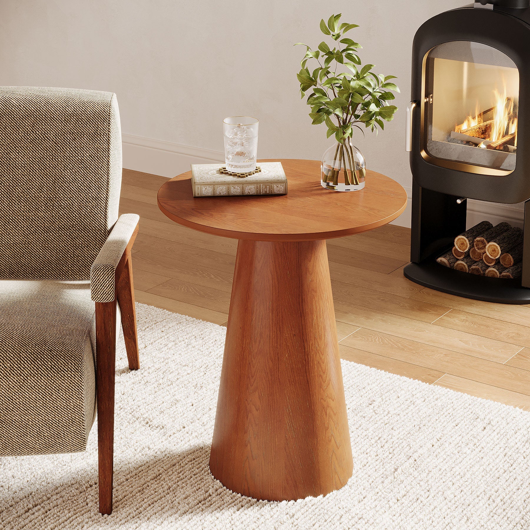 Round End Table - Solid Wood Veneer Farmhouse Side Table for Living Room, Bedroom, or Office | Rustic Home Decor Accent Table