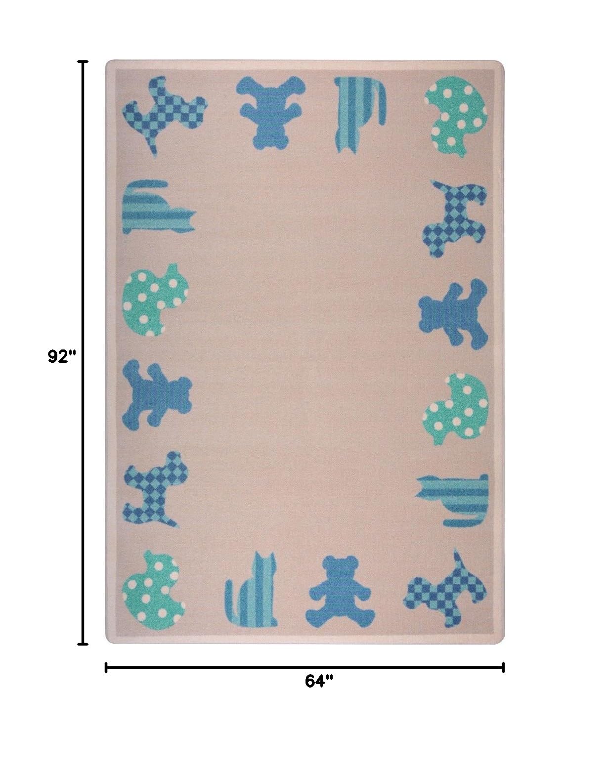 Joy Carpets Kid Essentials Frisky Friends Playroom Rug for Infants & Toddlers - Soft, Non-Slip Nursery Carpet in Blue, 5'4