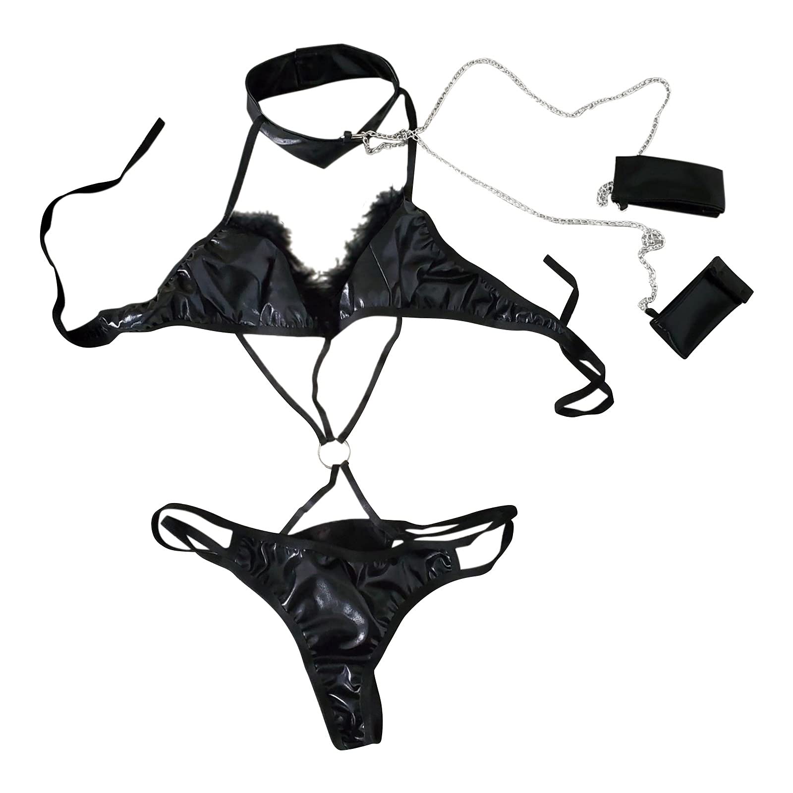 Sexy Black Leather Lingerie Set with Chain Harness for Women - Perfect for Rave, Party & Boudoir - Women's Fashion Body Jewelry & Accessories