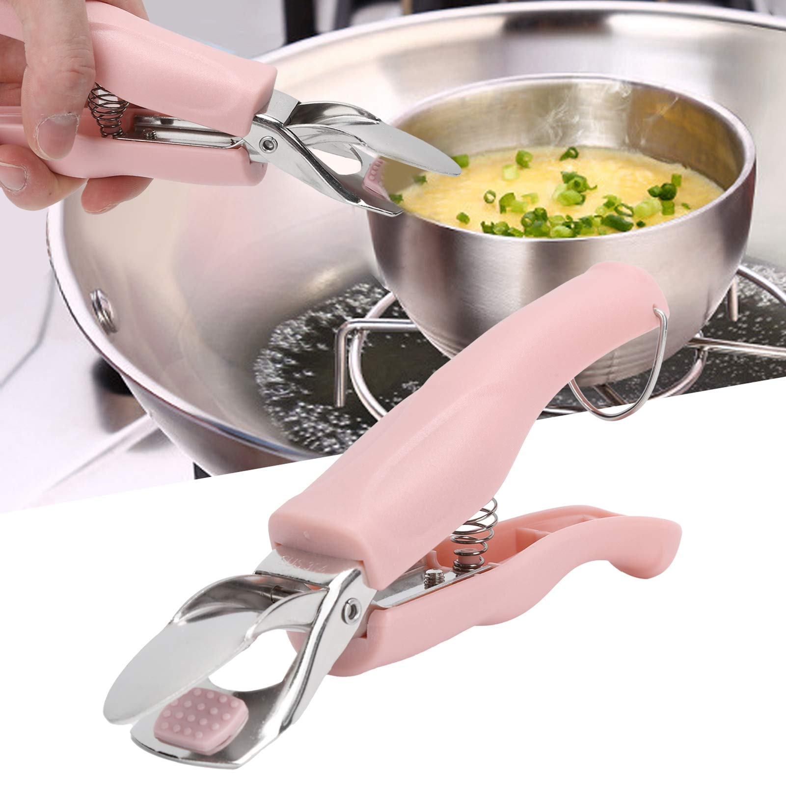 Stainless Steel Anti-Scald Bowl Clamp with Handle - Heat Resistant Cooking Tongs for Air Fryer, Hot Dishes & Mobile Bowls (Pink) | Perfect for Kitchen, BBQ & Serving Hot Food Safely