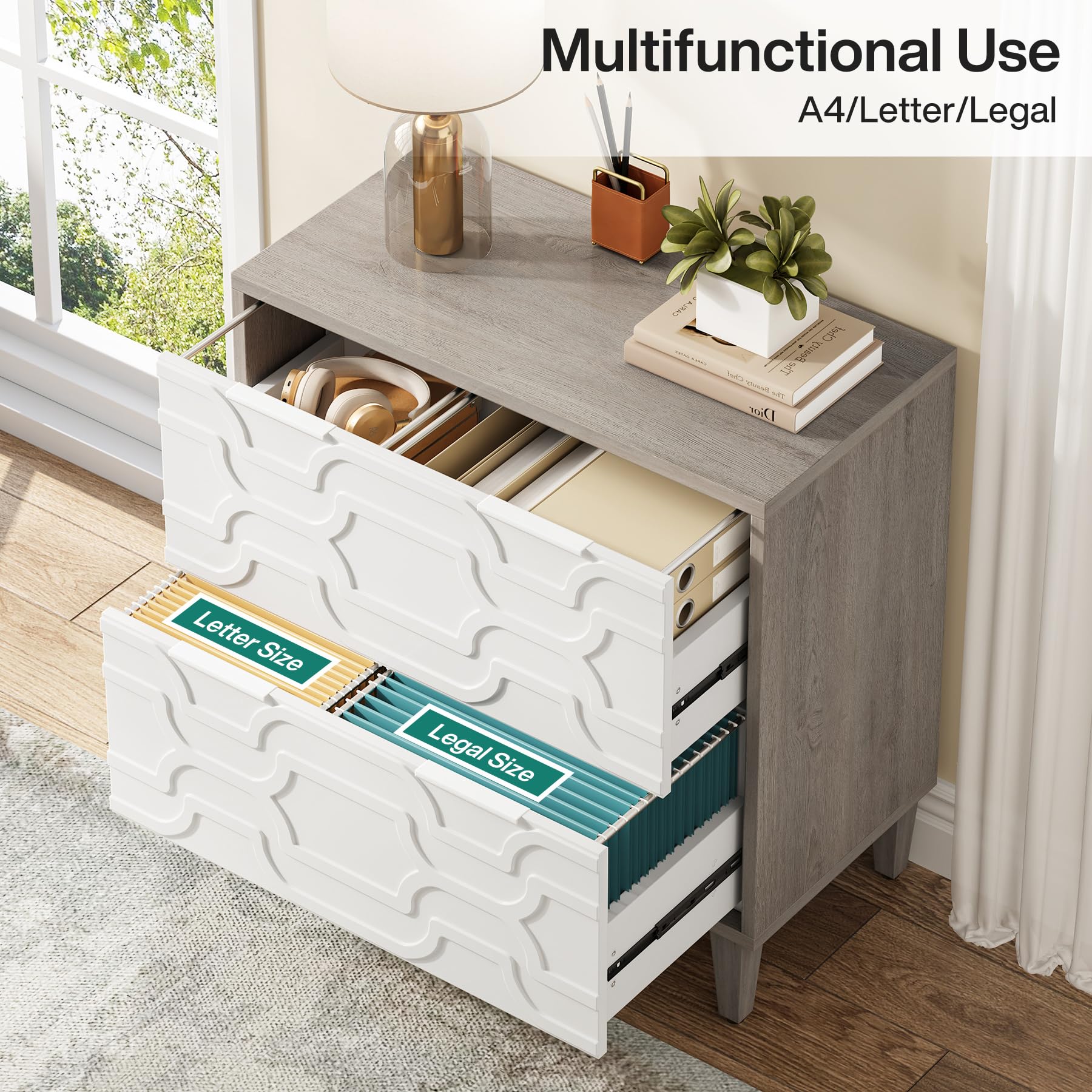 Tribesigns 2-Drawer Lateral File Cabinet - A4 Letter Legal Size Office Storage Organizer with Printer Stand - White & Gray Home Office Filing Solution for Documents & Supplies
