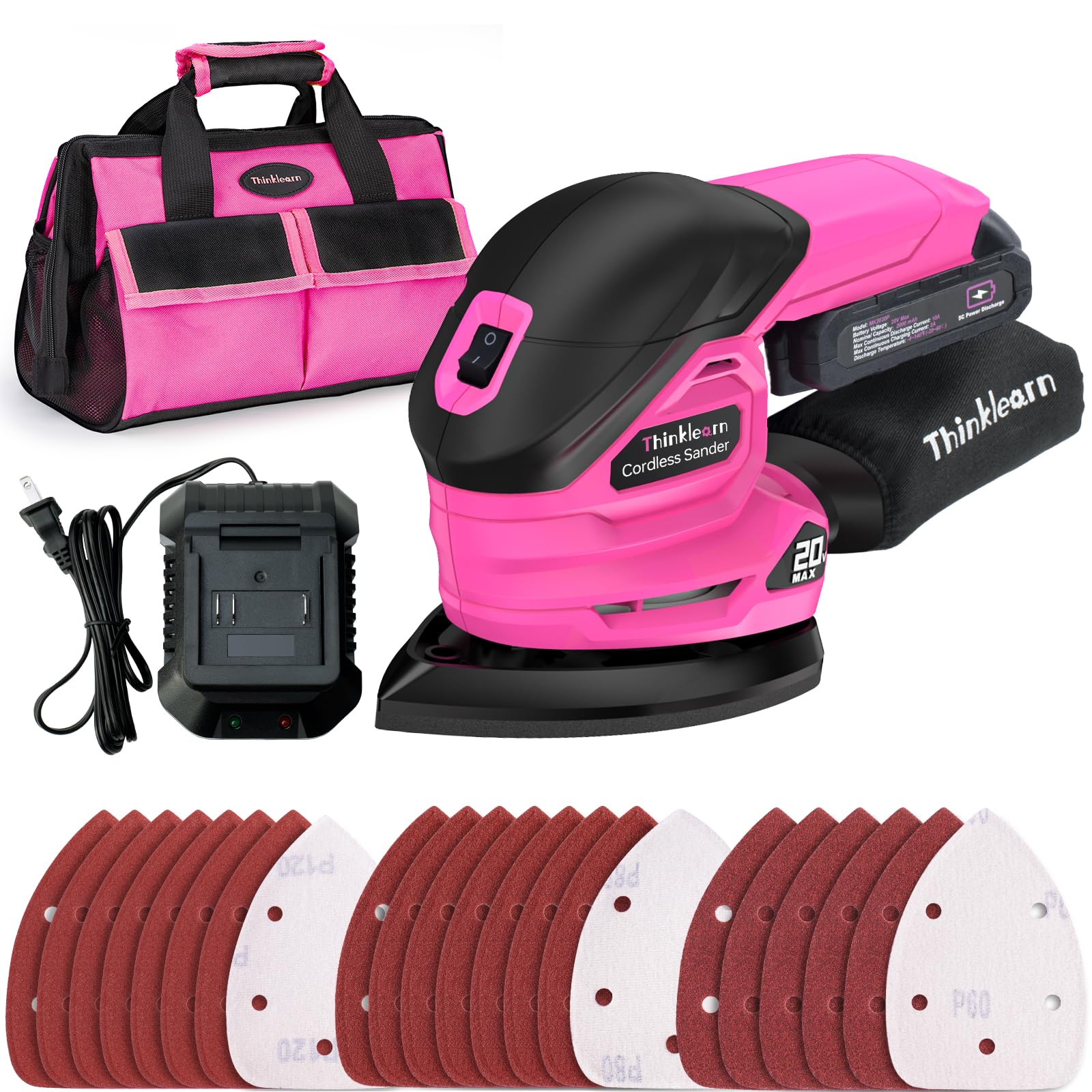 20V Cordless Detail Sander with 22Pcs Sandpaper - 12,000 RPM Electric Mouse Sander with Dust Bag, 2.0Ah Battery & Charger - Compact Palm Sander for Woodworking, Furniture Refinishing & DIY Home Projects