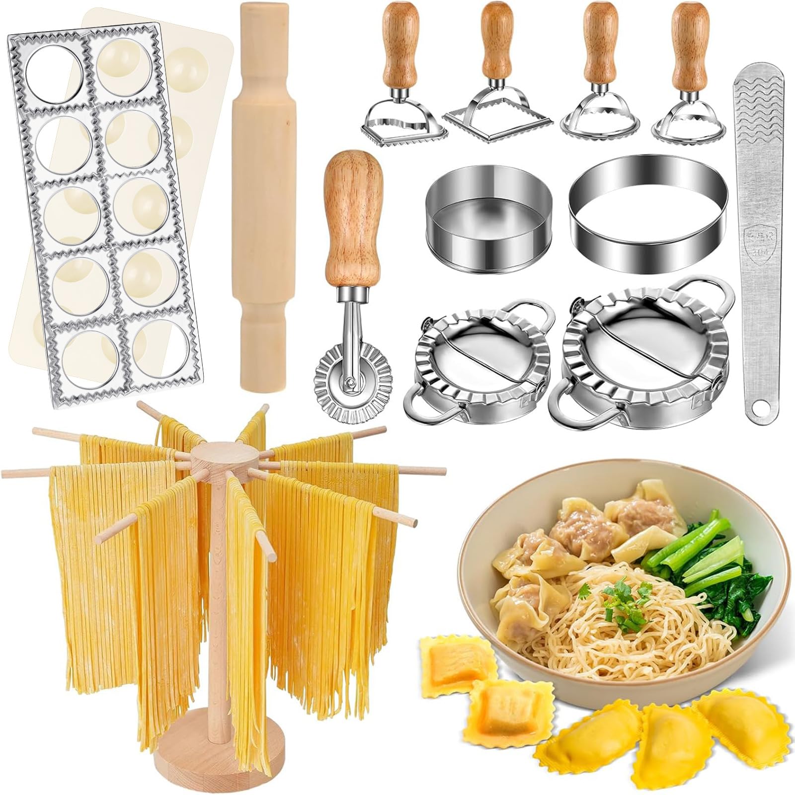 13-Piece Pasta Maker Kit with 5 Ravioli Stamps, Roller Wheel, Drying Rack, Wooden Rolling Pin & 5 Stainless Steel Dumpling Molds - Perfect for Homemade Pasta, Ravioli, Dumplings & Italian Cooking