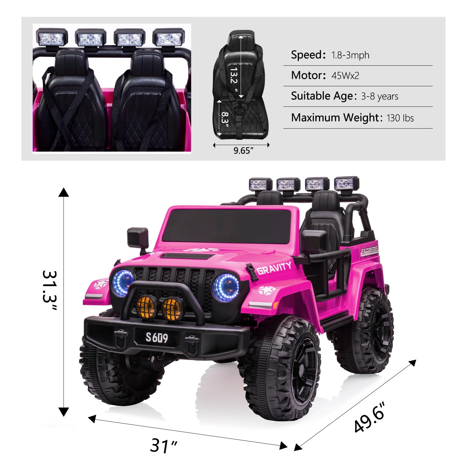 MOLACHI 12V Kids Ride-On Truck - 2 Seater Electric Toy Car with Music, MP3 Player, Safety Belt & LED Lights | 3 Speed Adjustable Battery-Powered Vehicle for Boys & Girls (Pink) | Perfect for Indoor Playrooms & Outdoor Backyard Fun