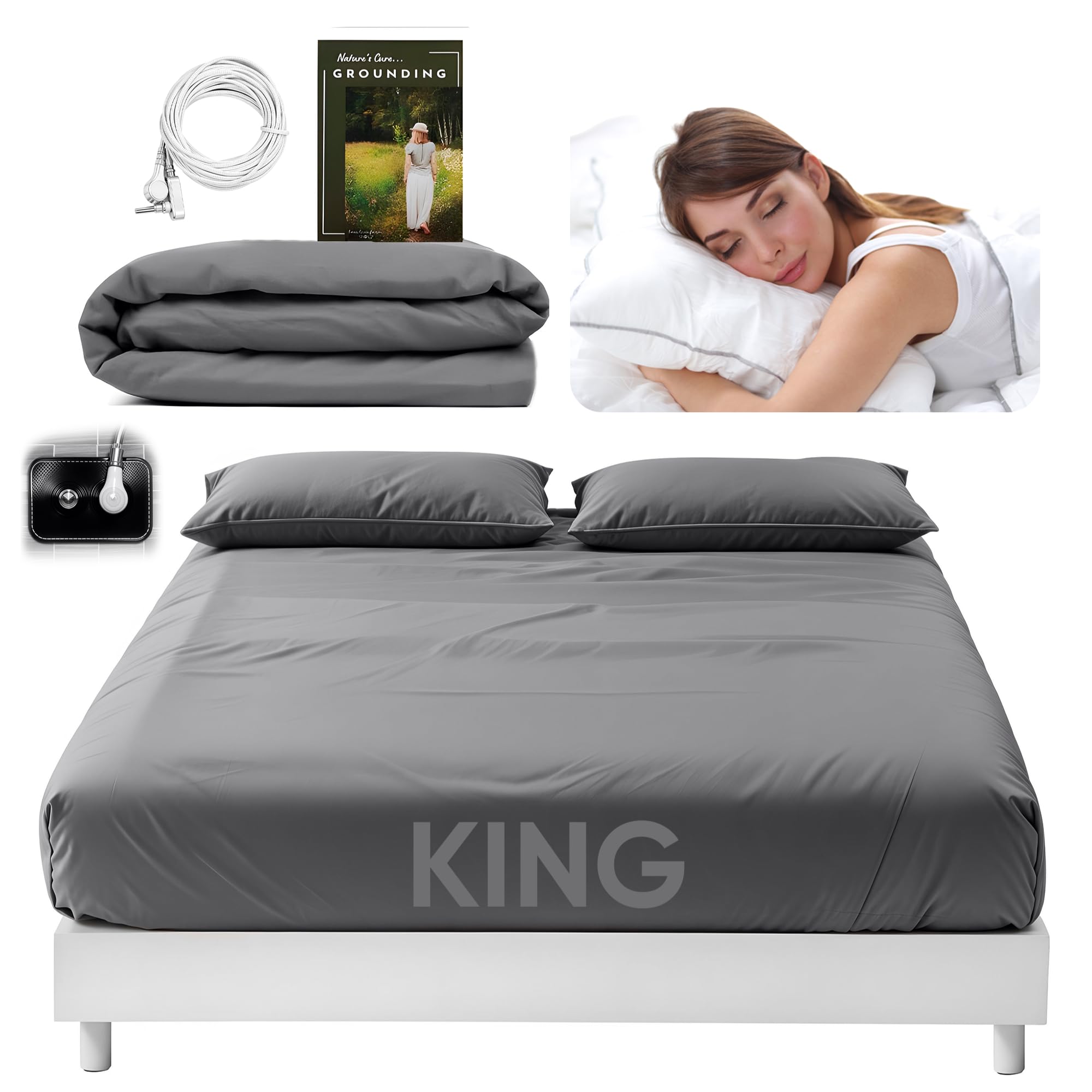 Premium King Size Earthing Grounding Sheet (Grey) - 400 Thread Count Cotton & Silver Fiber for Better Conductivity - Reinforced Grounding Cord Included - Ideal for Stress Relief, Better Sleep & Wellness at Home