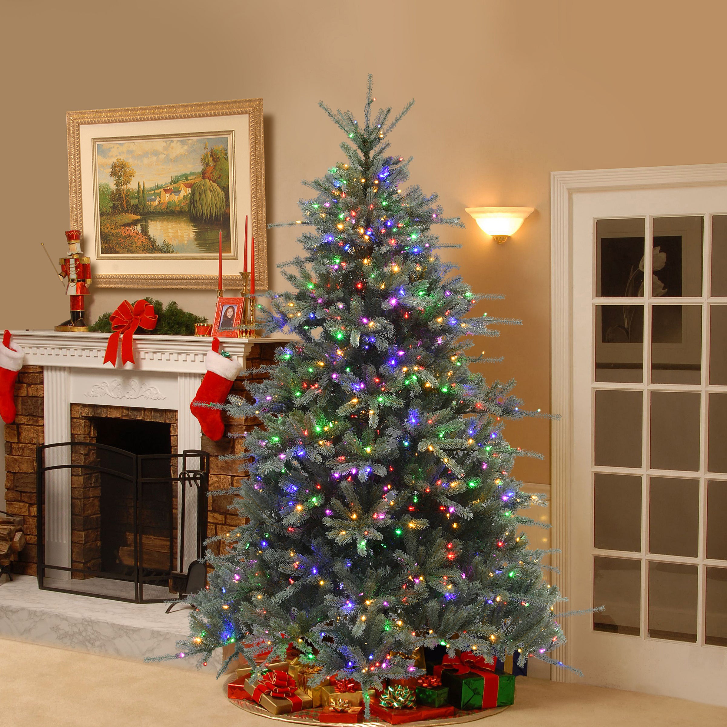 7.5 ft Pre-Lit Artificial Christmas Tree - Ponderosa Blue Fir with Dual Color LED Lights for Holiday Home Decor & Party Decoration