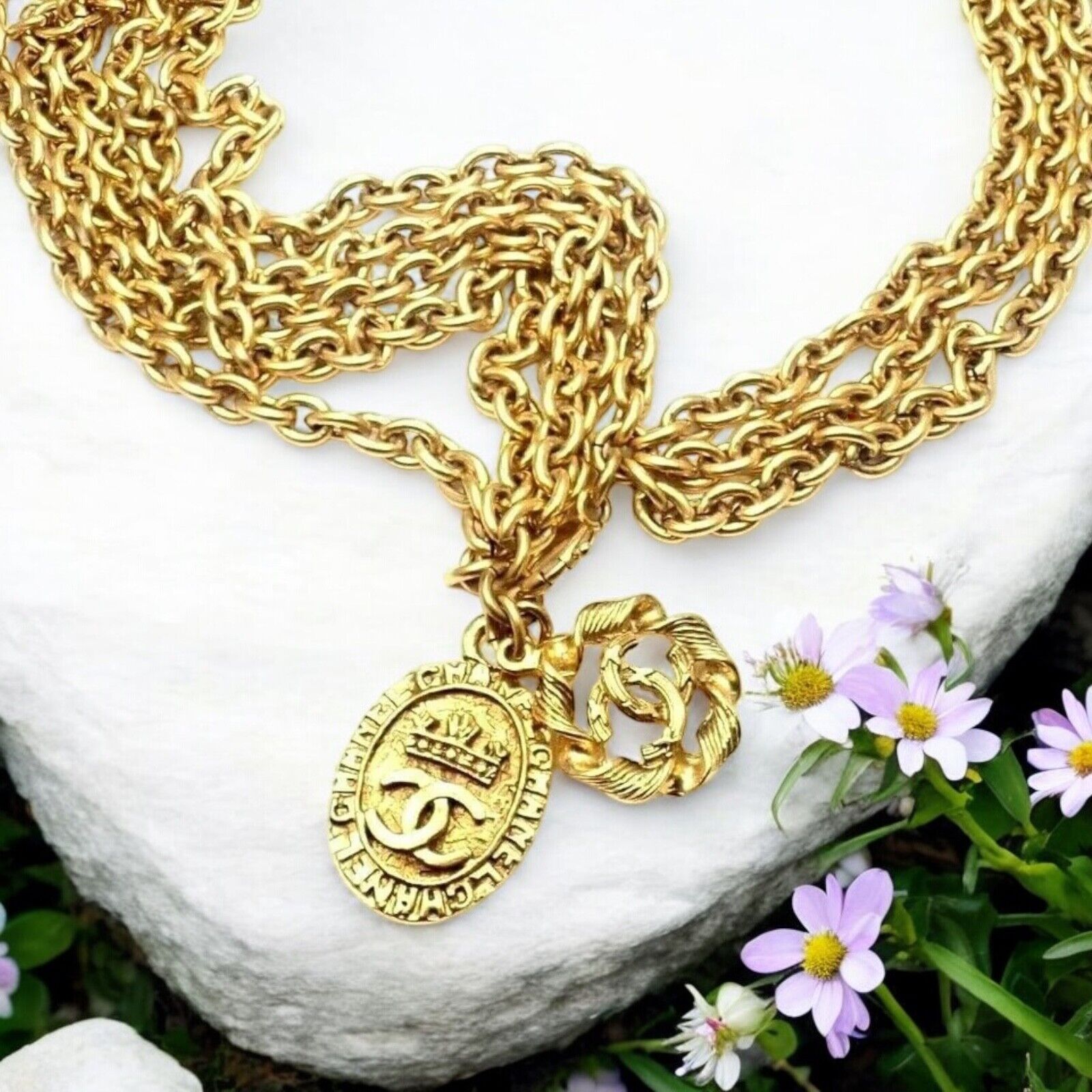 Authentic Chanel Gold Tone 3 Row Draped Clasp Belt Necklace 34