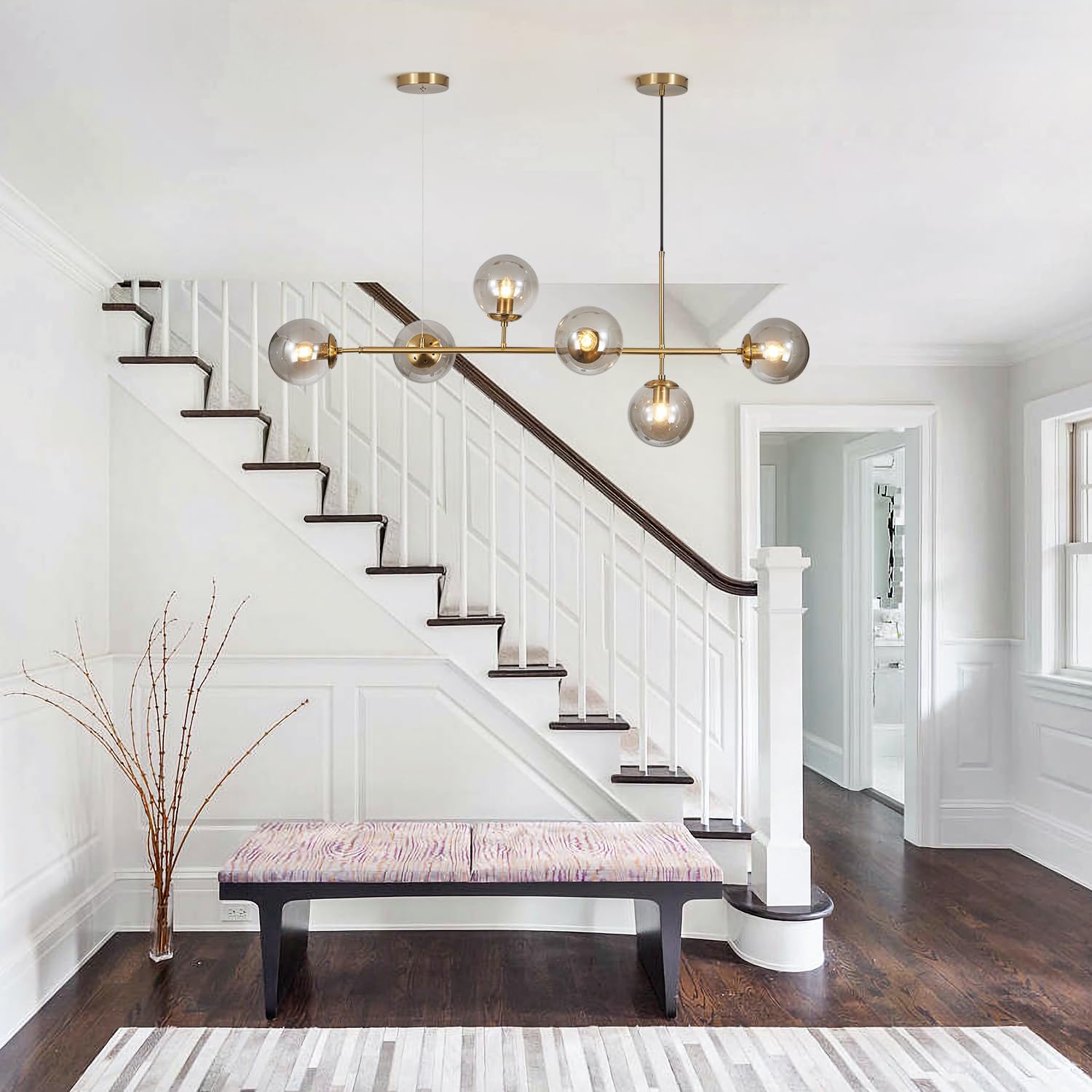 KCO Modern Globe Sputnik Chandelier - 6-Light Gold Linear Pendant Light Fixture with Smoke Gray Glass, Mid Century Style - Perfect for Kitchen Island, Dining Room, Living Room, Entryway & Modern Home Decor