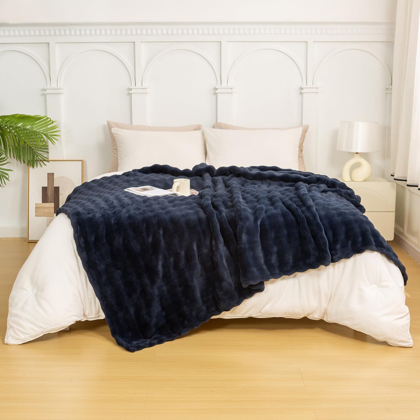 YUSOKI 3D Bubble Faux Fur Twin Blanket - Ultra Soft Cozy Fuzzy Thick Throw Blanket for Couch, Sofa, Bed - 60x80 Inches Navy Blue - Perfect for Home Decor, Gifts & Winter Warmth