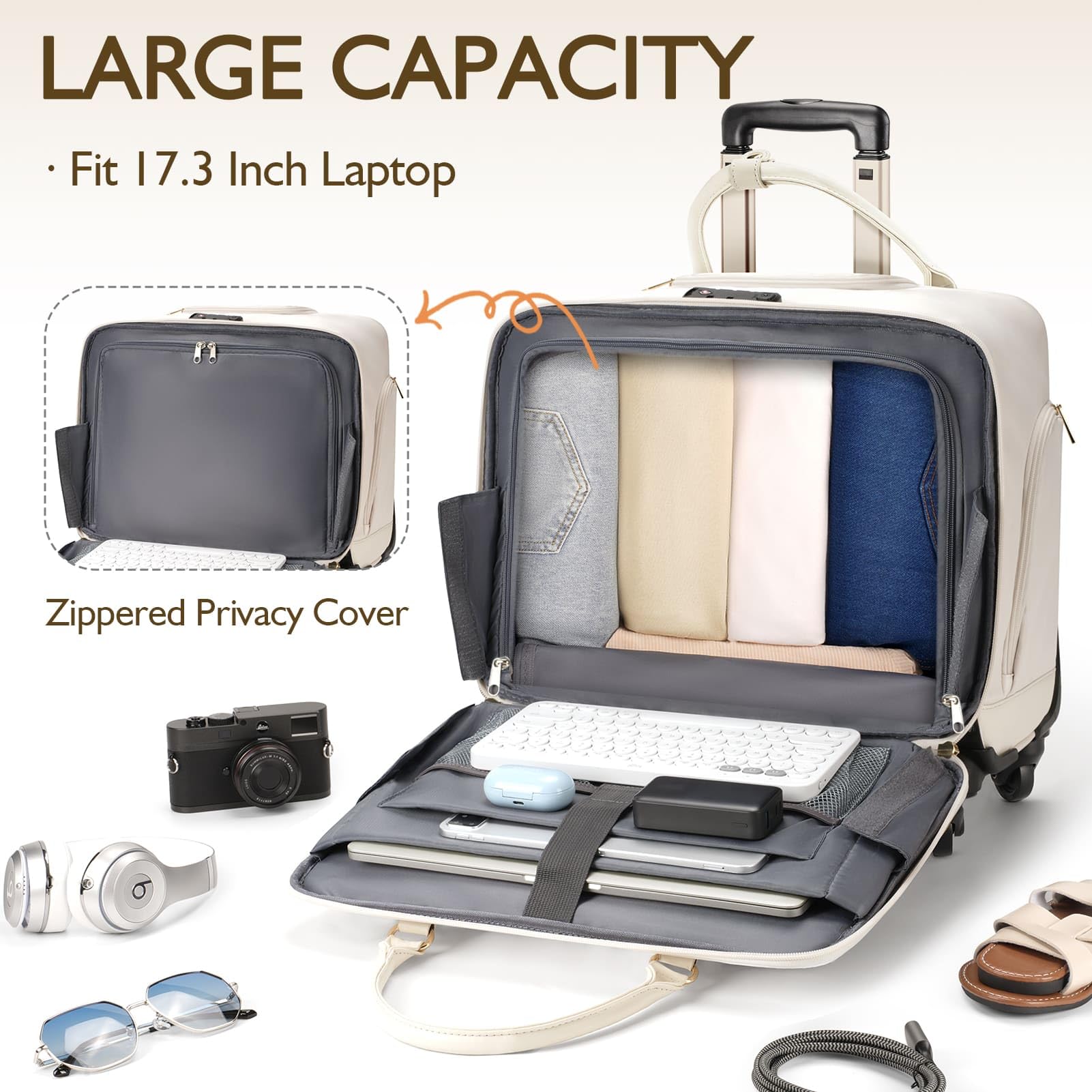 Rolling Laptop Briefcase with 4 Spinner Wheels - TSA Friendly Carry On Computer Bag for Work & Travel - Durable Roller Bag for Women & Men in Beige - Perfect for Business Trips, Commuting & Air Travel