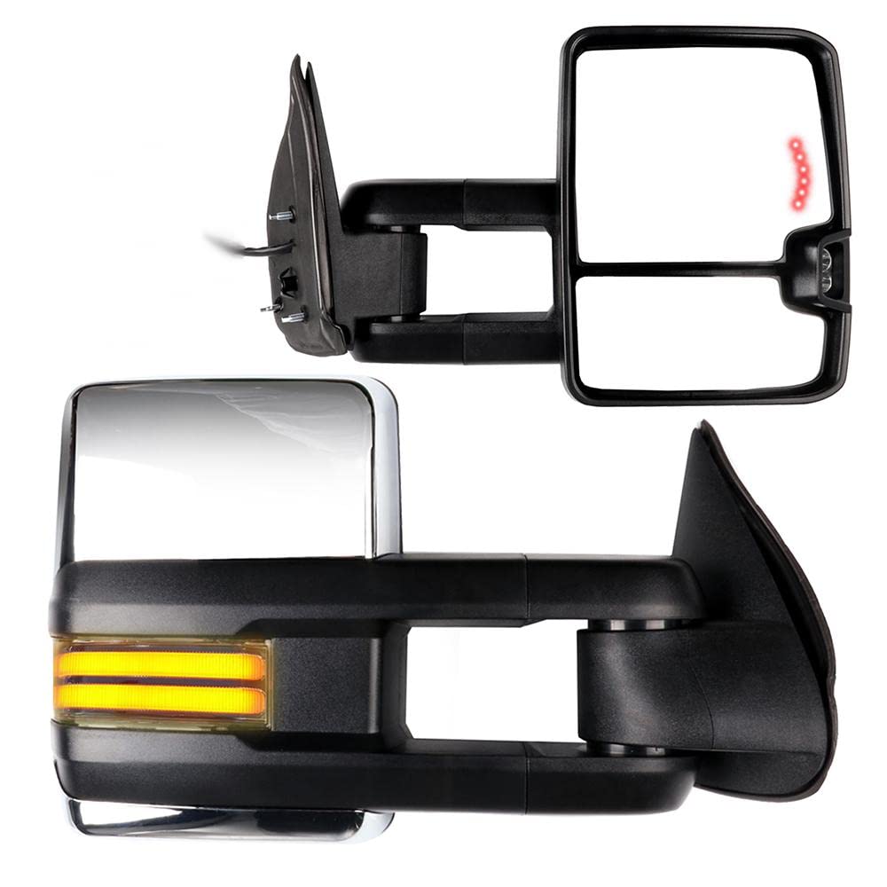 SCITOO Chrome Power Heated Towing Mirrors with LED Turn Signal & Running Light - Compatible with 1999-2002 Chevy Silverado & GMC Sierra Pickup Trucks (Pair LH RH) - Perfect for Enhanced Visibility & Safety While Towing Trailers or Heavy Loads