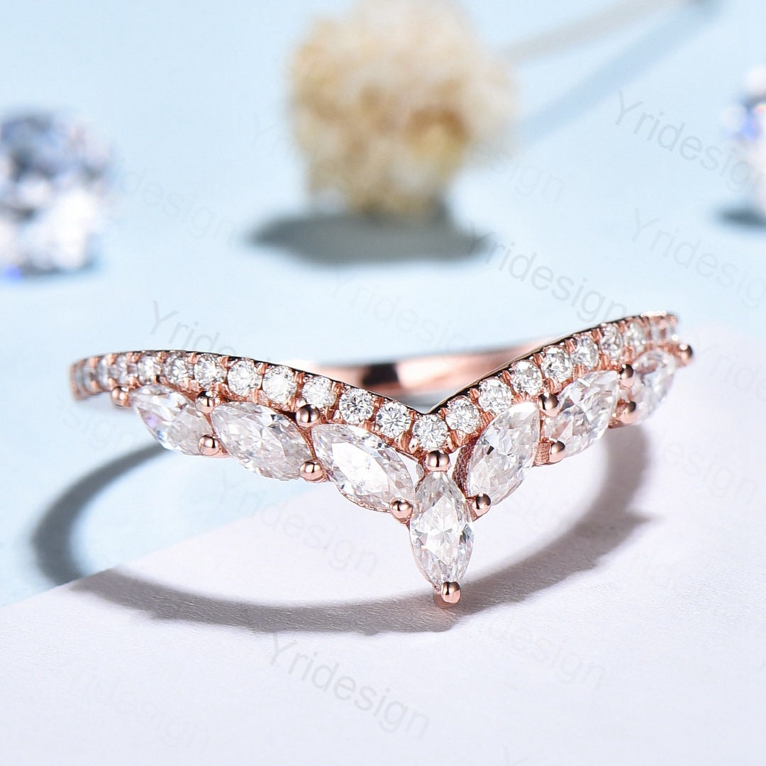 Unique Vintage Rose Gold Diamond Wedding Ring for Women - Marquise Moissanite Curved V Matching Band Stackable Anniversary Ring | Perfect for Bridal Sets, Engagement, Wedding & Special Occasions