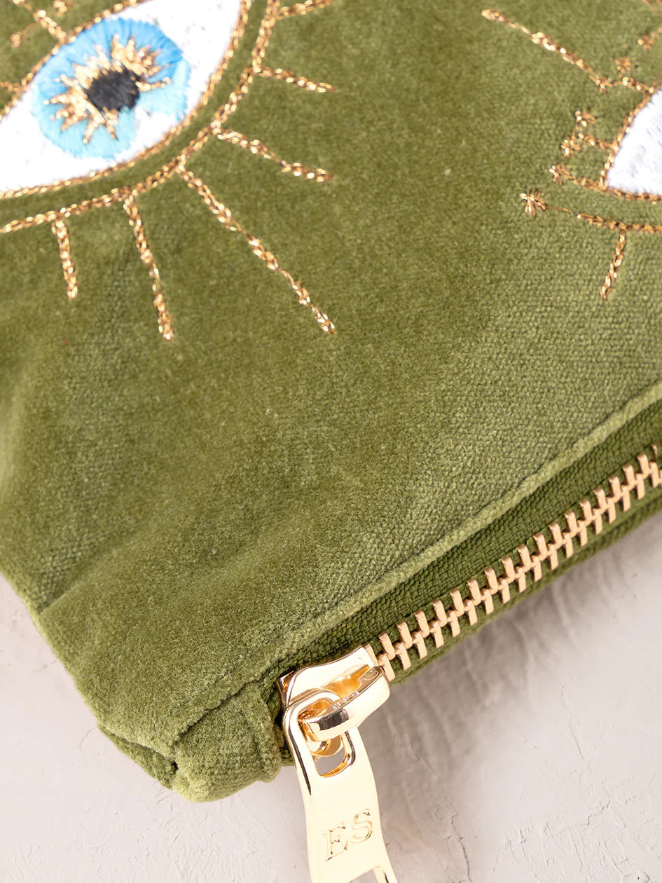 Elizabeth Scarlett Velvet Everyday Pouch - Garden Green Mystical Eye Design | Premium Makeup Bag & Travel Organizer | Perfect for Cosmetics, Jewelry & Accessories Storage