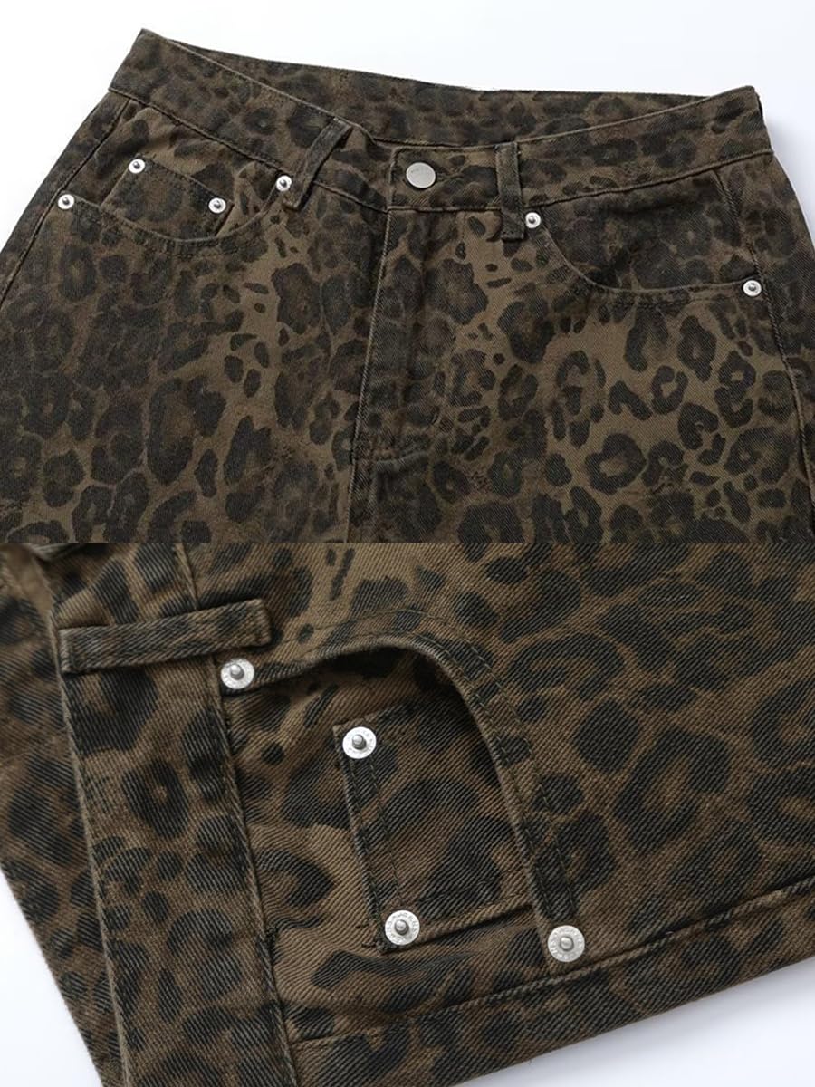 Y2K Leopard Print Baggy Jeans - Oversized Straight Leg Wide Pants for Men & Women | Streetwear Fashion for Casual Outfits & Retro Style