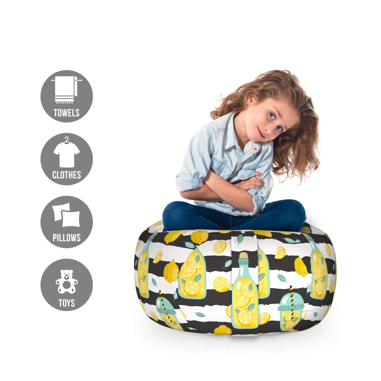 Ambesonne Lemonade Storage Toy Bag Chair - Washable Stuffed Animal Organizer with Fresh Drink & Lemon Slice Pattern, Small Size in Dark Grey & White - Perfect for Kids' Room, Nursery, or Playroom Organization