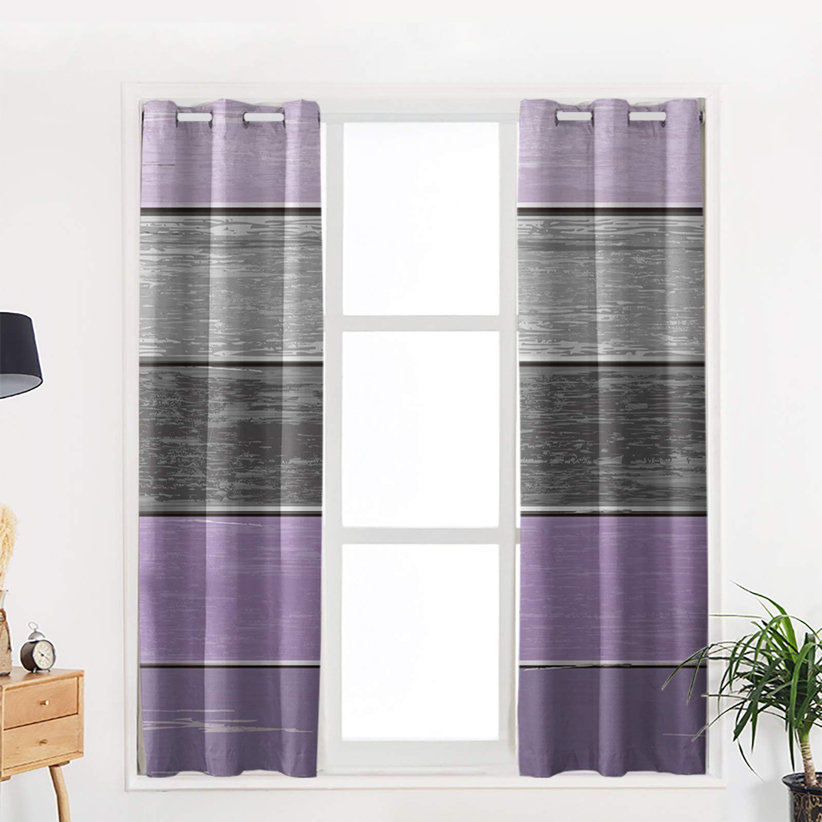 Prime Leader Blackout Curtains 84 Inch Long - Thermal Insulated Room Darkening Drapes with Grommet, Wood Grain Stripe in Purple & Grey (40