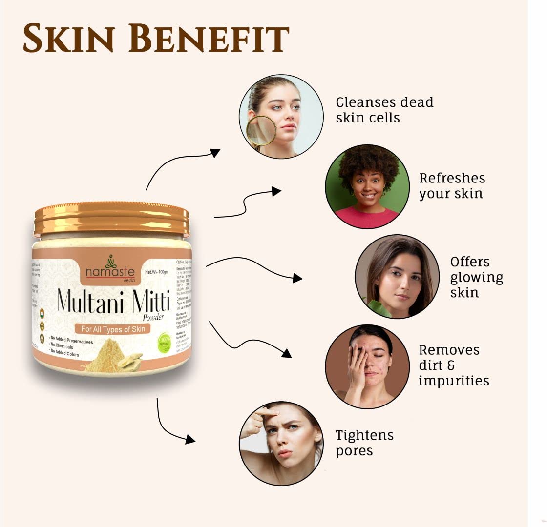 Namaste Veda Pure & Natural Herbal Multani Mitti Clay Powder for Glowing Skin - 100g | Brightening Face Pack, Natural Skin Toner & Tan Remover | Perfect for Daily Skincare Routine & Spa Treatments