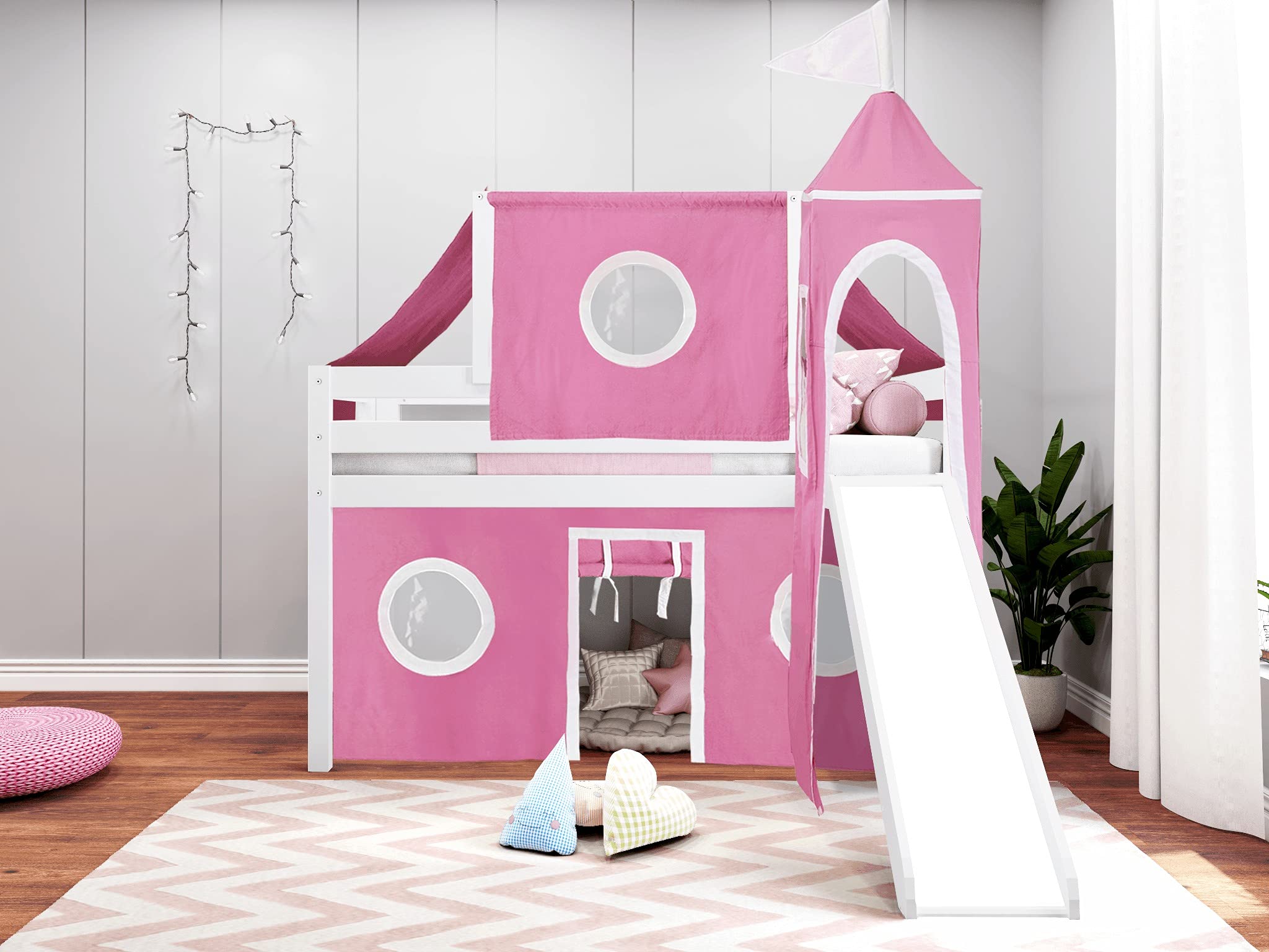 Princess Low Loft Bed with Slide - Pink & White Twin Size Tent & Tower Playhouse - Perfect for Kids' Bedroom & Playroom Decor