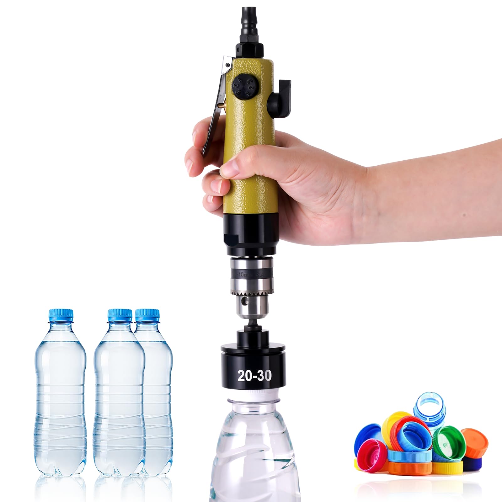 Pneumatic Bottle Capper Machine - Handheld 2500RPM Bottle Capping Tool for 20-40mm Plastic Caps | Fast Sealing & Screwing for Beverage, Cosmetic & Pharmaceutical Bottles | Ideal for Small Business & Home Brewing
