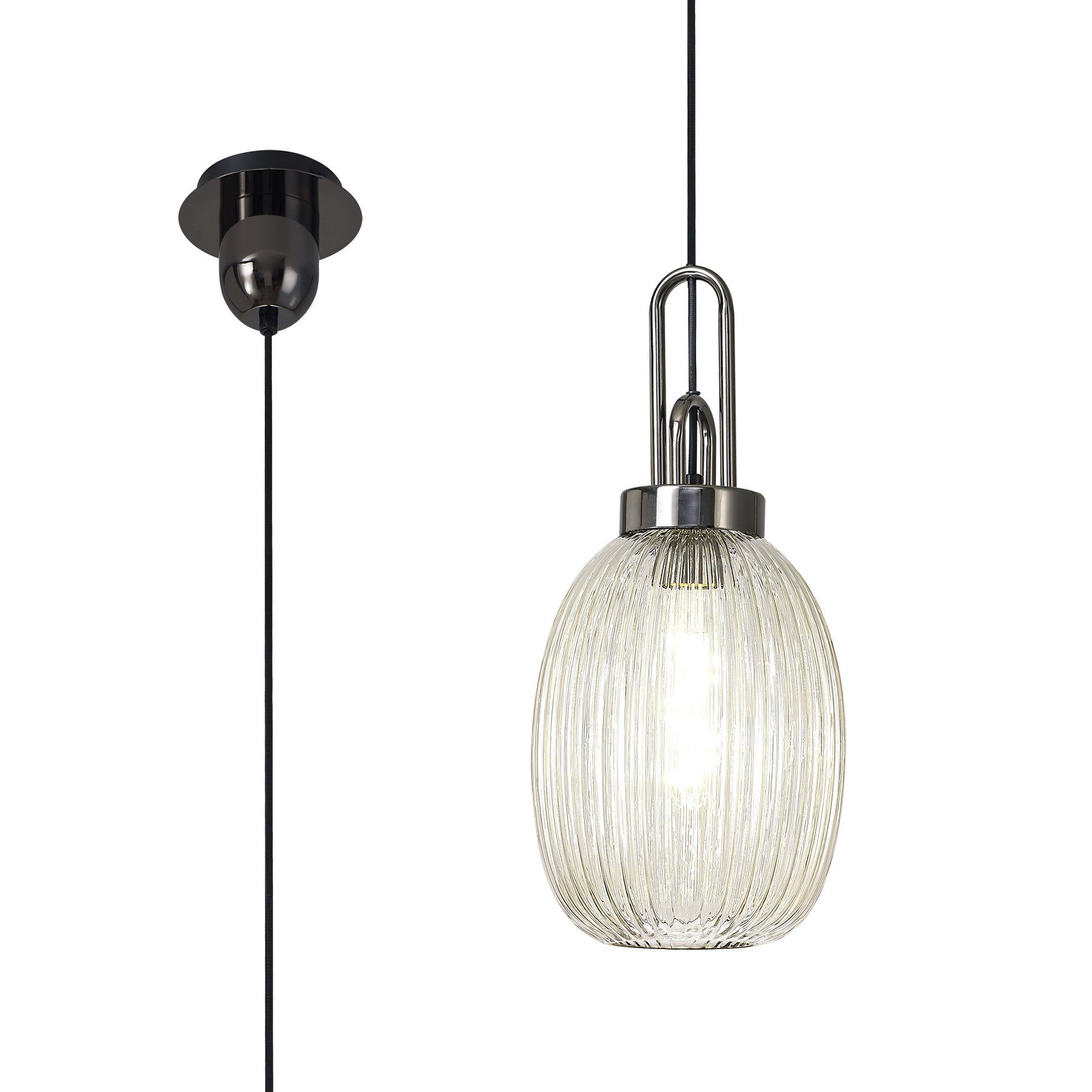 Cadiz 1-Light Pendant Light Fixture with 20cm Almond Ribbed Glass Shade, E27 Socket, IP20 Rated - Perfect for Kitchen Island, Dining Room, or Bedroom Lighting