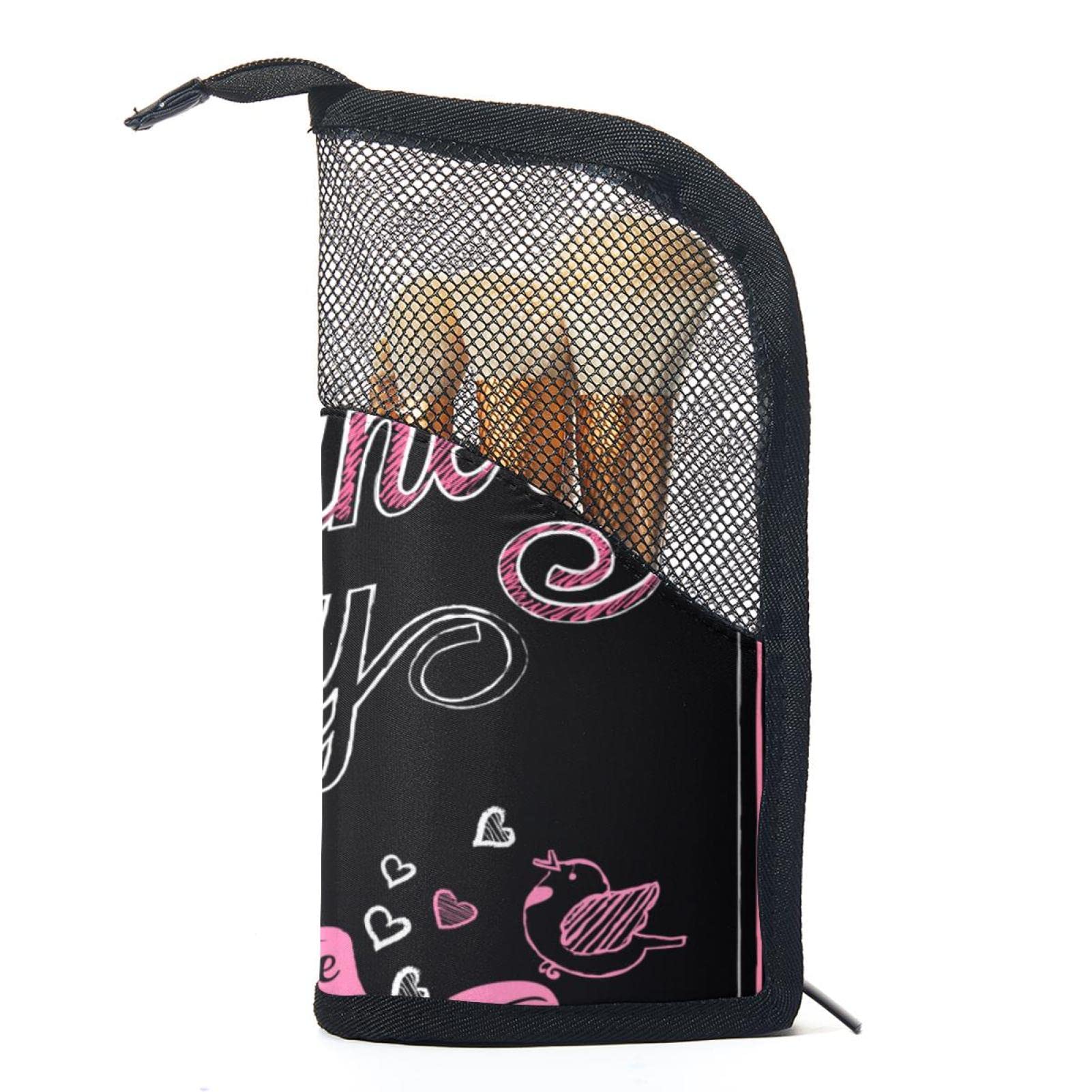 12-Piece Pink Makeup Brush Organizer Bag with Valentine's Day Graphic - Portable Cosmetic Brush Holder Case for Travel, Home & Professional Makeup Storage