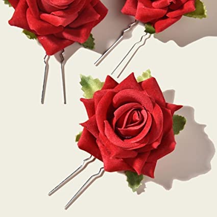 ALIBA COLLECTION Velvet Rose Flower Hair Pins for Women & Girls - 4 Piece Set | Bridal Hair Accessories for Weddings, Parties & Baby Showers | Elegant Hair Clips for Special Occasions & Daily Wear