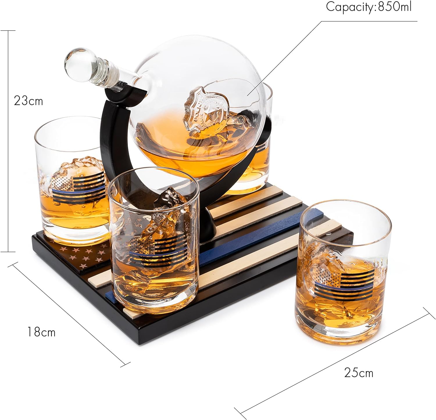 Police Officers Whiskey Decanter Set - 850ml Glass Decanter & 4 (10oz) Glasses with Thin Blue Line Flag Base - Law Enforcement Gifts for Police, First Responders & Police Academy Graduates - Perfect for Father's Day, Retirement & Appreciation Gifts