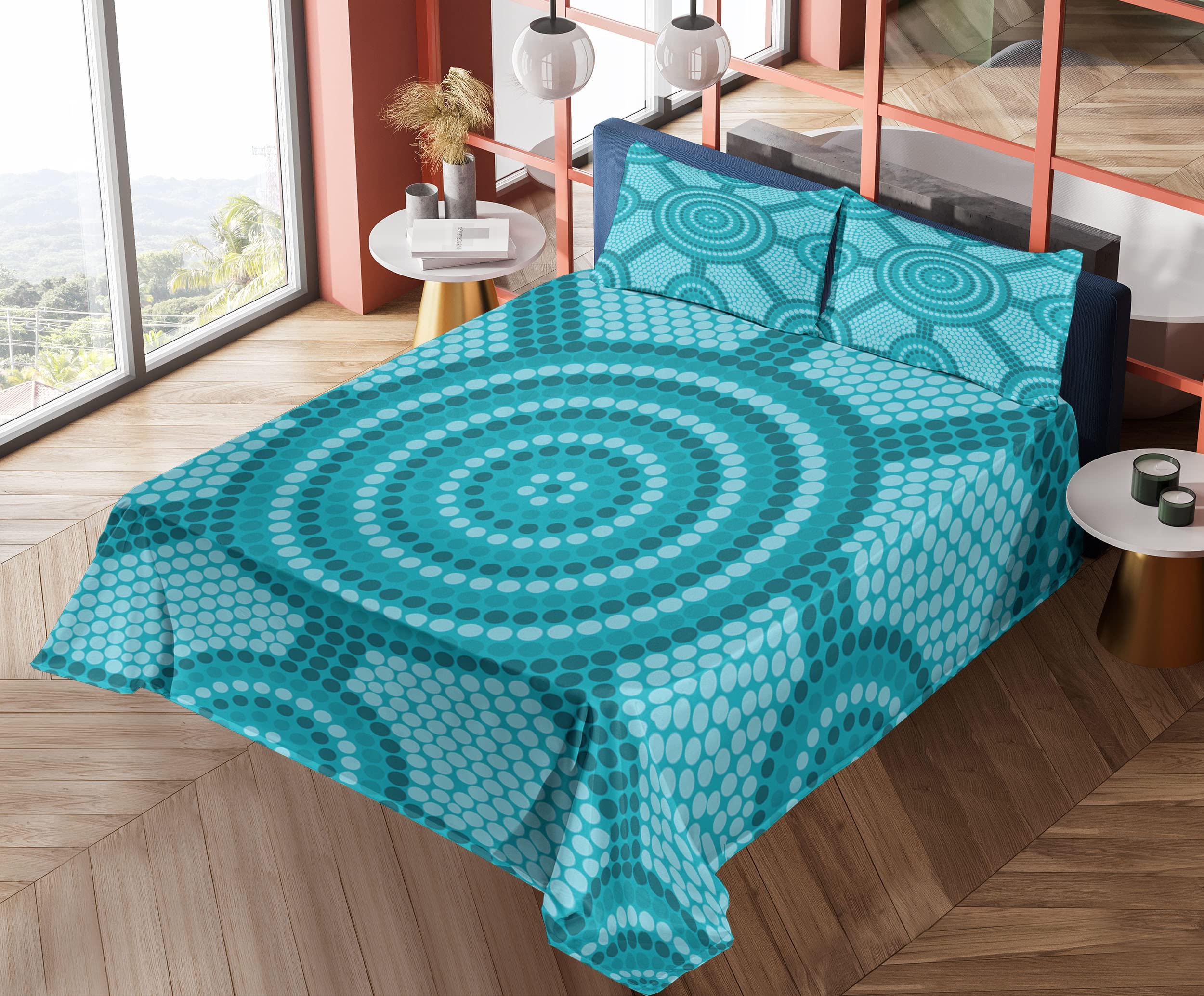 Ambesonne 4-Piece King Sheet Set - Teal Aboriginal Dot Painting Design, Soft & Breathable Bedding with Fitted Sheet, Flat Sheet & 2 Pillowcases | Australian Native Art Inspired Bedroom Decor for Modern Homes