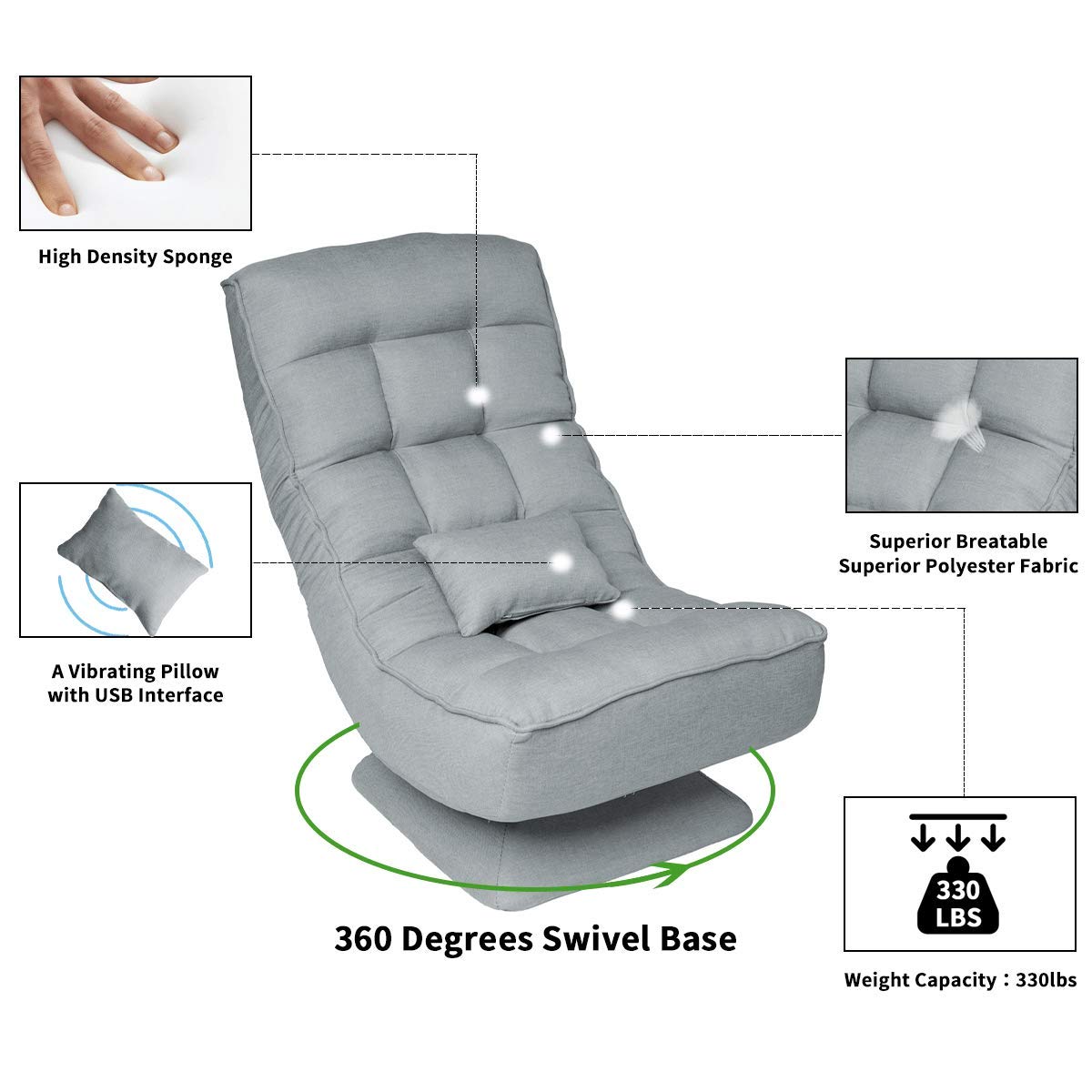 360-Degree Swivel Folding Floor Chair - 4-Position Adjustable Gaming & Lounge Chair for Home Office, TV Watching, Reading - Ergonomic Desk Chair for Teens & Adults (Gray) - Perfect for Gaming, Studying, and Relaxing in Small Spaces