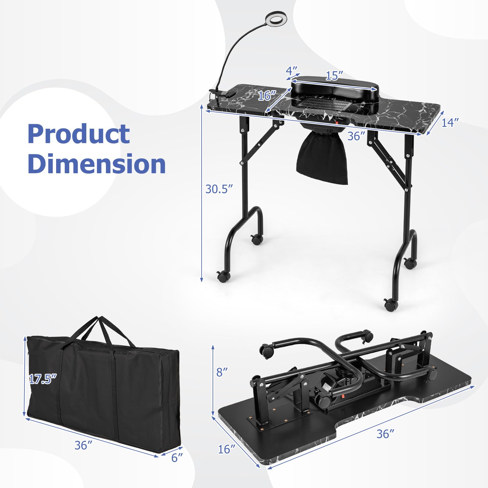 Giantex Foldable Nail Tech Desk with Built-in Dust Collector Fan, Adjustable LED Light & Wrist Pad - Portable Manicure Table with 4 Lockable Wheels & Carrying Case (Marble Black) | Perfect for Salon Professionals & Home Nail Artists