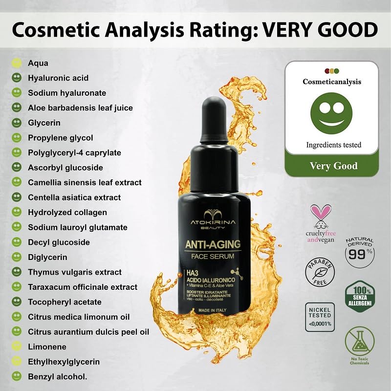 ATOKIRINA Anti-Aging Face Serum with Hyaluronic Acid & Vitamin C/E - 30ml Wrinkle Reduction & Skin Plumping Treatment for Men & Women - Perfect for Daily Skincare Routine & Dark Circle Reduction